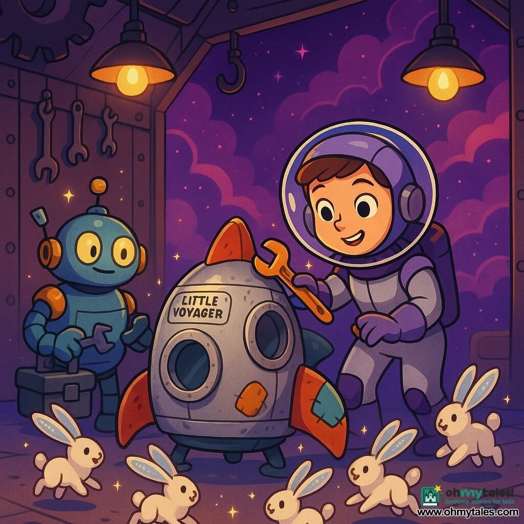 The heroine is a young female astronaut named Nova with a round smiling face, bright eyes and short brown hair under a clear helmet, wearing a silver and purple spacesuit, holding an orange wrench as she polishes a panel of the small ship; the robot Sparky is squat metallic with sky-blue and yellow paint, round blinking lamp-eyes, holding a toolbox and offering a part, positioned left and slightly behind Nova; several fluffy white space rabbits with translucent, star-dust-sparkling long ears bounce joyfully around the ship in a circle; the small ship "Little Voyager" sits center with a slightly dented but shiny hull, round porthole and patched fins; the setting is a floating cosmic workshop in a purple nebula with metal walls, giant gears, hanging tools, lit panels and wavering purple-pink cloud veils; the scene shows Nova and Sparky repairing the ship under warm lamps in a cozy, collaborative atmosphere with precise gestures, happy expressions and flecks of stardust reflecting light; style: 3D cartoon, bright colors, crisp cel-shading, centered composition and child-friendly readable expressions.