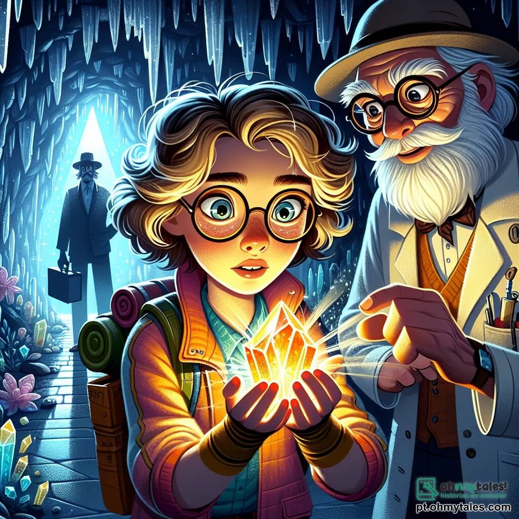 Clara, uma jovem exploradora com cabelos cacheados e dourados, e olhos brilhantes de curiosidade, está no centro da cena, com o rosto iluminado pelo brilho de um cristal mágico que segura nas mãos. Ela veste uma jaqueta colorida e uma mochila cheia de ferramentas de exploração, e sua expressão revela determinação misturada com deslumbramento. Ao seu lado, o Professor Alvim, um homem de cerca de 60 anos, com uma longa barba branca e óculos redondos, observa o cristal com admiração. Ele usa um jaleco de laboratório e um chapéu de pesquisador, mantendo-se ligeiramente atrás, pronto para apoiar Clara em sua aventura. Ao fundo, a caverna das sombras é lindamente ilustrada, com paredes brilhantes de cristais e sombras misteriosas projetadas pela luz do cristal. Estalactites pendem do teto, e uma fonte de luz radiante emana do cristal, iluminando o espaço escuro ao redor deles. A situação principal mostra Clara e o Professor Alvim confrontando o Senhor Obsidian, uma silhueta escura e ameaçadora, que emerge das sombras, pronta para reivindicar o cristal. A atmosfera está carregada de tensão, com um jogo de luz e sombra que acentua o momento dramático da descoberta e proteção do Coração de Lúmen.