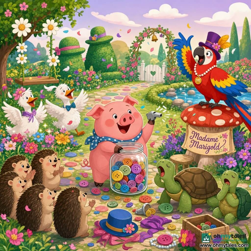 A round smiling pink pig with an upturned snout and rosy cheeks holds a small silver whistle and collects shiny buttons into a glass jar; a large colorful parrot, Madame Marigold, with red, yellow and blue feathers perches on a mushroom podium to the right, theatrically gesturing and opening her beak as if narrating; a group of shy round hedgehogs forms a semicircle bottom left applauding, two green-and-brown shelled turtles yawn beside them, and two slightly messy white geese fuss near a bed of sparkling flowers with confetti-like petals swirling; the scene is a luminous whimsical garden with colorful pebble paths, daisy swings, hat-shaped bushes and a small pond with gleaming stones under a pastel sky with round clouds, the main action showing the pig cheerfully tidying center while the parrot narrates and the animals create a joyful mix of orderly tidying and falling accessories, flower confetti and playful objects in motion.