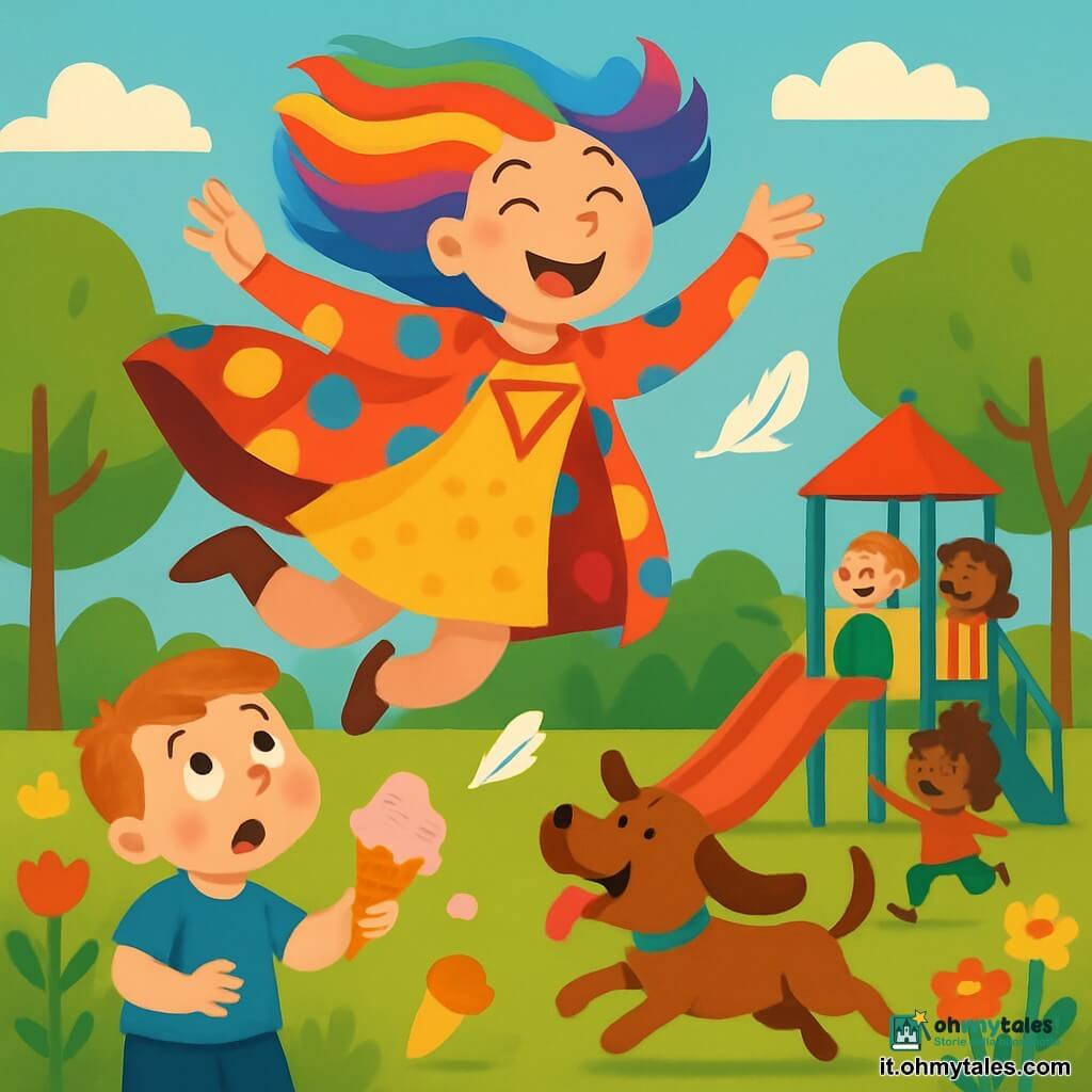 Super Lalla, una donna gioiosa con capelli arcobaleno e un grande sorriso, fluttua nell'aria mentre fa una pirouette, il suo cappotto a pois che svolazza intorno a lei. Ai suoi piedi, un bambino di 5 anni con guance rosa e una maglietta blu guarda in alto con occhi sgranati, tenendo un cono gelato che gli è scivolato dalle mani. Non lontano, un cane marrone con grandi orecchie corre abbaiando gioiosamente, cercando di catturare una piuma che vola via. La scena si svolge in un parco soleggiato, pieno di fiori colorati e alberi verdi, con bambini che giocano e ridono intorno a un grande parco giochi. Super Lalla, in azione, fa ridere tutti con le sue acrobazie aeree, creando un'atmosfera di gioia e magia.