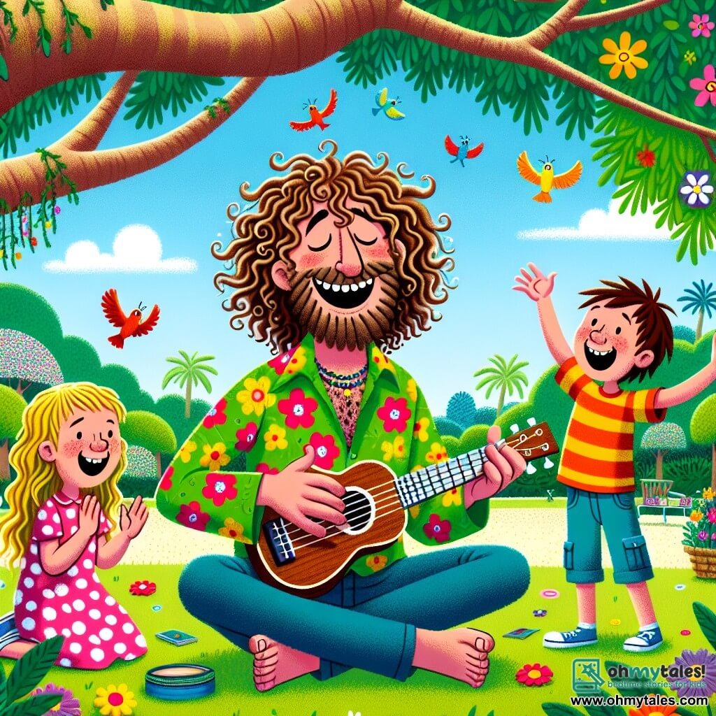 A joyful man, Mr. Melody, is sitting on the green grass of a sunny park, smiling widely. He has curly hair and wears a colorful floral shirt while playing his shiny ukulele, his fingers dancing on the strings. Next to him is a girl named Lily, about 8 years old, with long blonde hair and a polka dot pink dress, singing enthusiastically with her arms raised to the sky. A boy named Ben, also 8, with messy brown hair and a blue t-shirt, claps joyfully, his eyes sparkling with excitement. The setting is a lush park filled with colorful flowers, with a large shady tree nearby. Birds are singing in the branches, and the sky is bright blue with a few fluffy white clouds. The main scene shows Mr. Melody and the children giving an impromptu concert, surrounded by other kids and curious animals, all captivated by the joyful music filling the air.