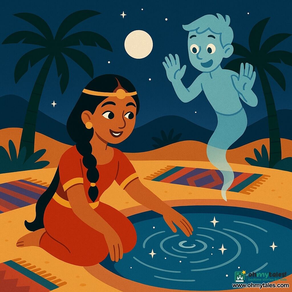 Leila, a joyful serene woman with a smiling face, bright almond eyes, caramel skin and long braided black hair threaded with gold beads, sits at the edge of a shimmering spring with one hand touching the glinting water; behind her floats Amir, a mischievous translucent spirit-boy of about 12 with wiry features and a surprised smile, leaning toward the spring with raised hands; the scene is a nocturnal oasis of graphic palm leaves, soft dunes and colorful rugs around the round spring beneath a silver full moon, as Leila soothes the spirit with a calm dance, the water spiraling in silver sparkles and the mood peaceful and hopeful.