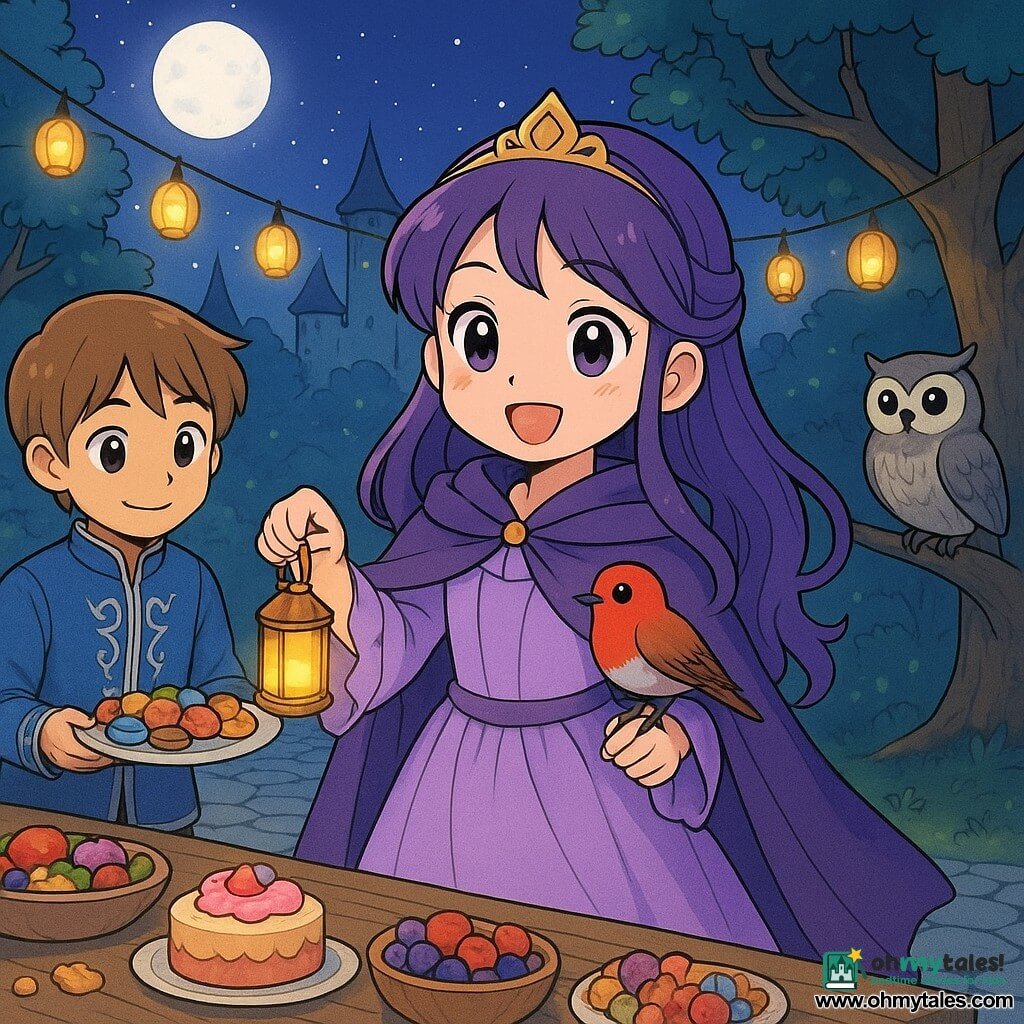 The princess (girl, about 8–10) stands center, smiling, with long purple hair and a thin gold crown, wearing a lilac ruffled dress and purple cape, holding a small golden lantern and looking at guests; the prince (boy, about 9–11) is left, light brown hair, gentle smile, blue jacket with silver embroidery, offering a plate of sweets at a large rustic wooden table; a small red bird (Mr. Robin) perches on the princess’s arm, bright feathers and mischievous eyes; a wise female owl sits on a low oak branch at the back right, gray speckled feathers and calm round eyes; the scene is a stone-paved castle courtyard with a table of colorful cakes and bowls of fruit, hanging lantern garlands and glowing trees, a soft night sky with a silver moon and twinkling stars and an enchanted forest backdrop; warm, welcoming atmosphere, saturated pastels and warm lantern light contrasting with night blue, simple rounded manga style with soft features for toddlers.