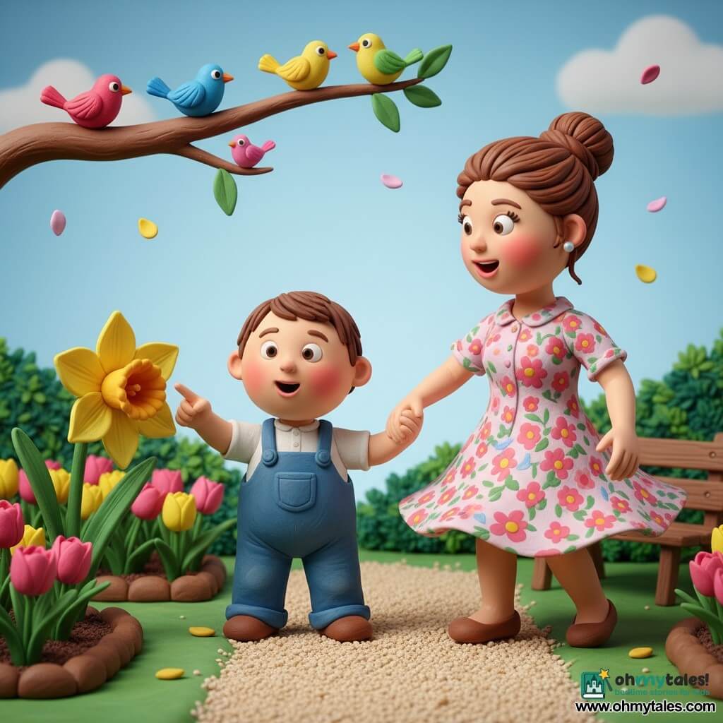 A joyful, amazed 2-year-old boy with short brown hair in blue overalls gently touches a large yellow daffodil while his smiling, caring mother in her 30s, hair in a bun and wearing a floral dress, holds his right hand and spins; behind them a small colorful public garden with green lawn, pink tulips and yellow daffodils, a path and a bench, colorful birds singing on a high branch and floating petals; bright spring scene with visible modeling‑clay textures, vivid colors, soft shapes, and a calm moment of discovery and dance.