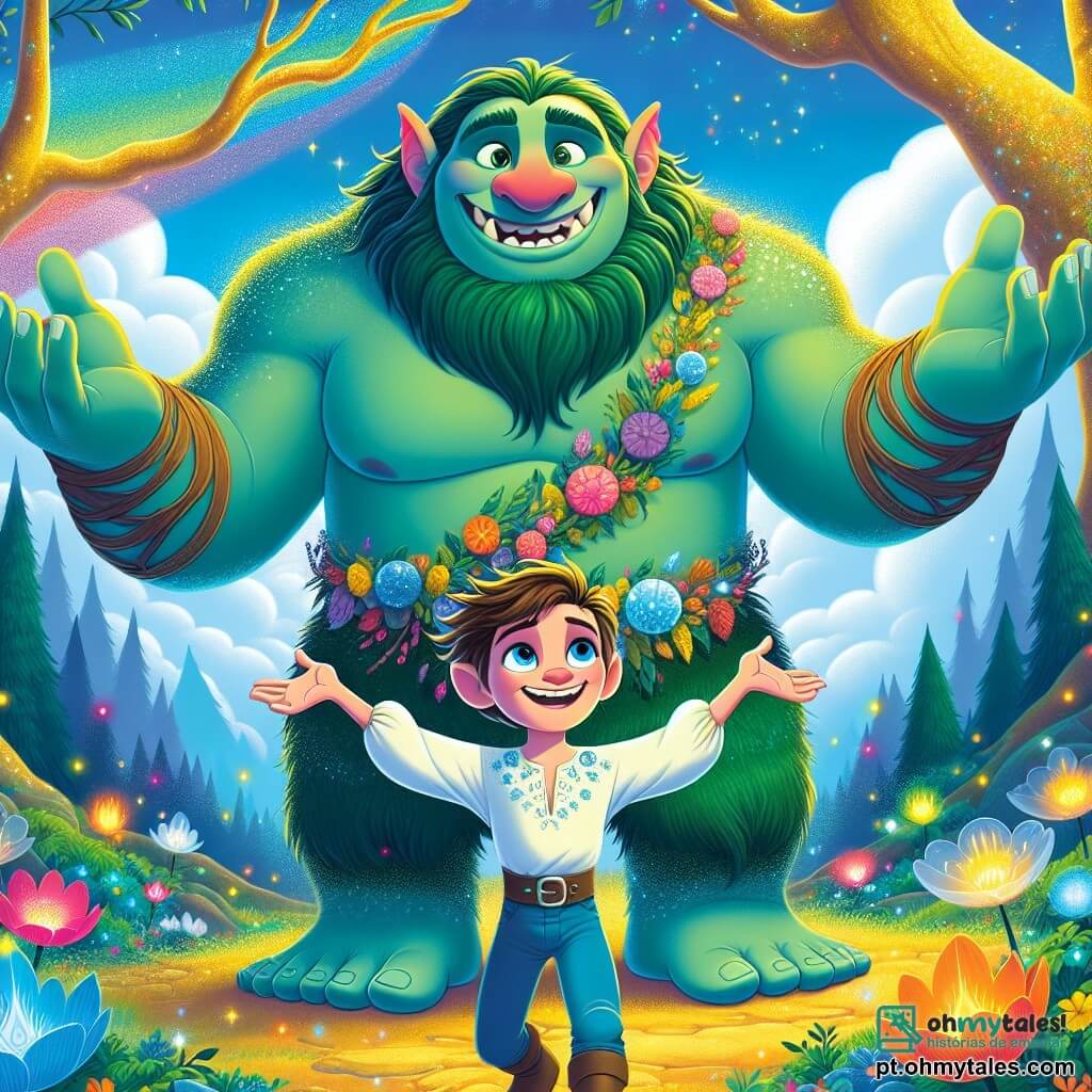 Um grande troll de pele verde-esmeralda, com olhos doces e redondos, está no centro da cena, sorrindo calorosamente. Seus braços musculosos estão abertos, como se estivesse recebendo um amigo, e ele usa um cinto feito de cipós e flores coloridas. Ao seu lado, um garoto de 10 anos, Lucas, com cabelos castanhos bagunçados e um olhar brilhante de excitação, levanta os braços para o alto, como se estivesse prestes a voar. Ele veste uma túnica azul adornada com padrões de nuvens. O cenário é uma clareira encantada, cercada por flores luminosas que cantam suavemente com o vento, com árvores de troncos dourados e folhas brilhantes. O céu é de um azul vibrante, salpicado de nuvens fofas, e um arco-íris vibrante atravessa o fundo. A cena principal mostra Lucas e o troll Tork dançando alegremente no meio da clareira, celebrando sua amizade e a magia ao redor, enquanto pequenas estrelas cintilam ao seu redor, adicionando um toque de encantamento.
