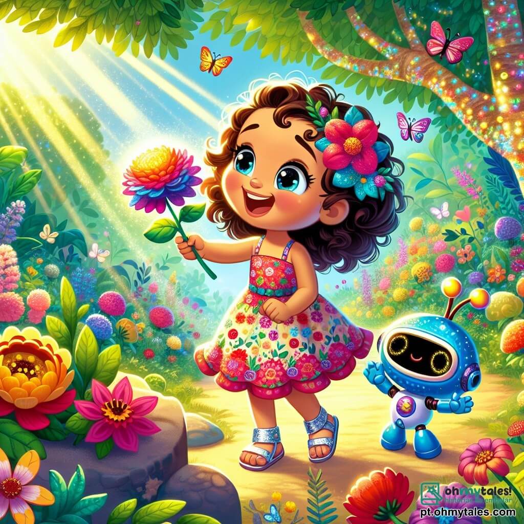 Em um jardim secreto iluminado, uma menina de 6 anos, Lila, com cabelos cacheados e olhos brilhantes, sorri maravilhada segurando uma flor colorida nas mãos. Ela veste um vestido estampado de flores e sandálias brilhantes, e seu rosto expressa uma alegria contagiante. Ao seu lado, seu amigo robô, Robi, um pequeno robô azul com um grande sorriso e olhos cintilantes, a incentiva entusiasticamente, levantando uma mão para cumprimentar as flores. Robi está em uma pequena pedra, ligeiramente à frente de Lila, pronto para ajudá-la. O jardim secreto é um lugar mágico, cheio de flores dançantes em cores vivas, borboletas multicoloridas e árvores com troncos brilhantes, sob um céu azul radiante. Raios de sol filtram através das folhas, criando uma atmosfera de conto de fadas. Nesta cena, Lila e Robi descobrem a magia da alegria dançando juntos para reanimar as flores tristes do jardim, cercados por cores vibrantes e luz, ilustrando a importância da amizade e da aventura.