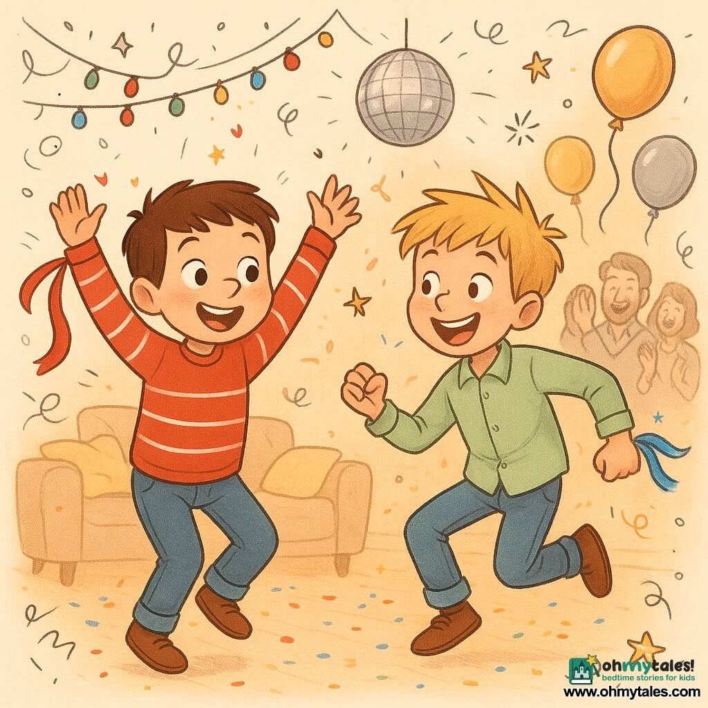 Two boys, about 9: on the left a freckled boy with short brown hair in a red-and-white striped sweater and blue pants, jumping on tiptoe with arms raised and a red sparkly ribbon on his wrist; on the right a messy blond-haired boy with green eyes in a light green shirt and jeans, laughing and doing an exaggerated robot dance step with a blue sparkly ribbon on his wrist. In a cozy living room turned small dance floor—light wood parquet, garlands, silver and gold balloons, a pillow fort and a small foil disco ball—warm light and confetti fill the air as they celebrate New Year’s at midnight, dancing with glowing ribbons while blurred parents applaud, the scene full of movement, vivid color, wonder and friendship.