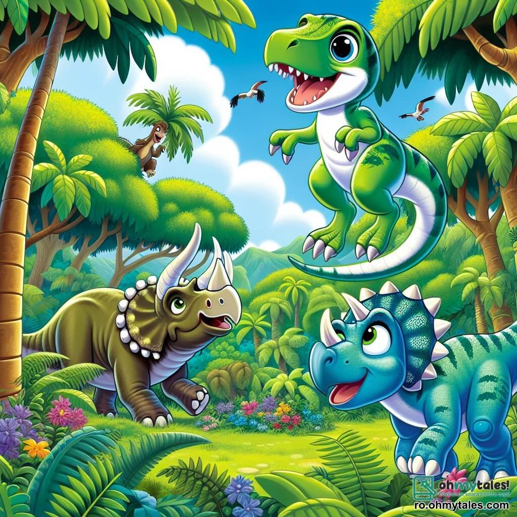 Un velociraptor numit Roxy, cu pene colorate de verde și albastru, își exprimă o mare bucurie sărind în aer, cu ochii strălucind de fericire. Lângă ea, un Triceratops numit Tico, cu pielea verde închis și trei coarne majestuoase, zâmbește uitându-se la ea, pregătit să înceapă o nouă aventură. În fundal, un Brachiosaurus numit Bella, cu un gât lung și pielea bej, observă scena, amuzată, stând aproape de un copac mare. Scena se desfășoară într-o junglă luxuriantă, plină de frunziș dens, flori colorate și un cer albastru strălucitor. Roxy și Tico se joacă de-a v-ați ascunselea după copaci, în timp ce Bella îi încurajează să se distreze, creând o atmosferă veselă și prietenoasă.