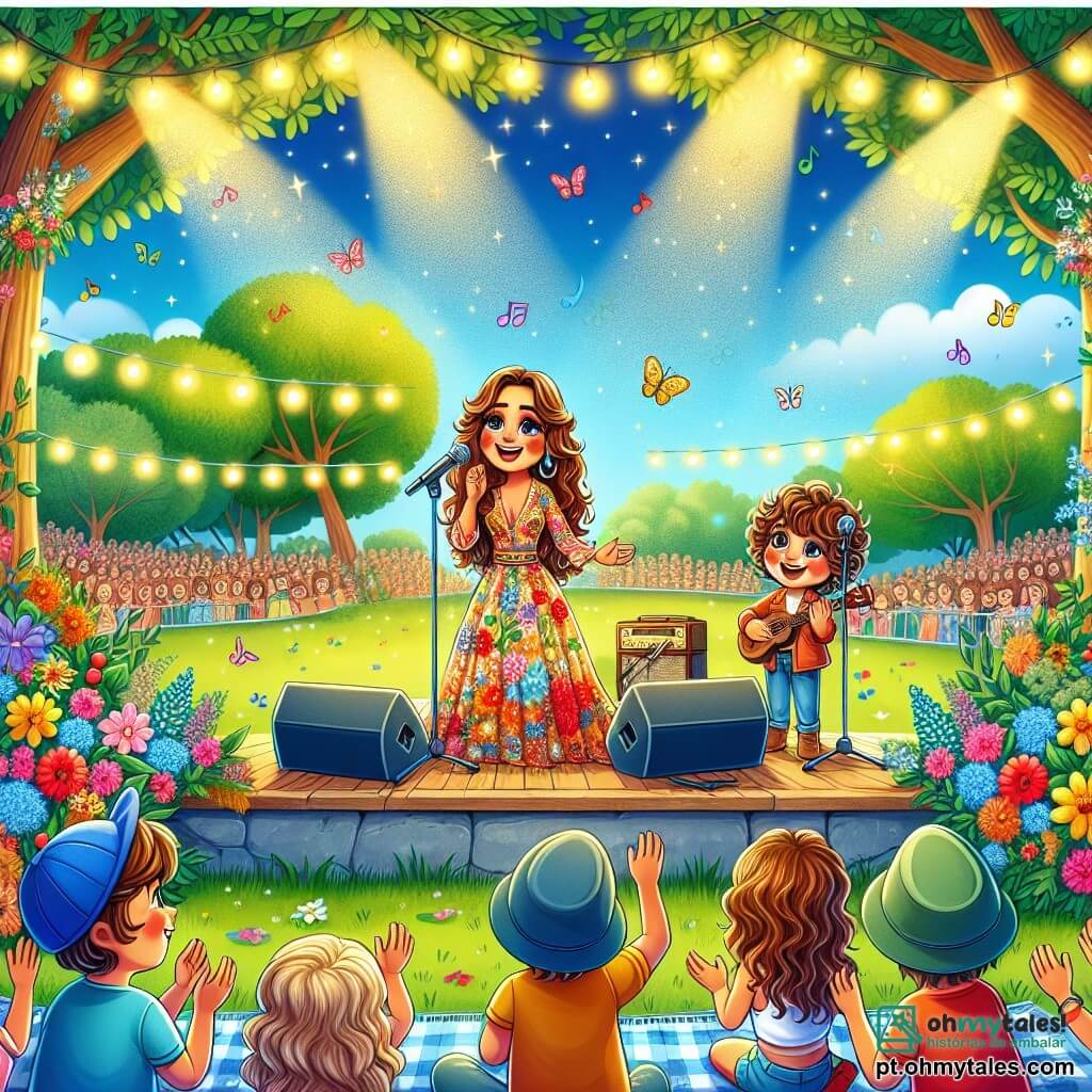 Uma mulher chamada Sofia, na casa dos trinta anos, com longos cabelos ondulados e um vestido colorido, está no palco, um grande sorriso iluminando seu rosto, enquanto canta com paixão em um microfone. Ao seu lado, um menino chamado Tomás, de 8 anos, com cabelos cacheados e olhos brilhantes, segura um pequeno ukulele, olhando para Sofia com admiração e empolgação. O cenário é um parque ensolarado, cheio de flores coloridas e árvores verdes, com um público alegre sentado em cobertores, aplaudindo e sorrindo. A cena é decorada com luzes, criando uma atmosfera festiva e acolhedora. Sofia e Tomás cantam juntos uma canção alegre sobre amizade e música, enquanto o público os incentiva com sorrisos e aplausos, preenchendo o ar com felicidade e magia musical.