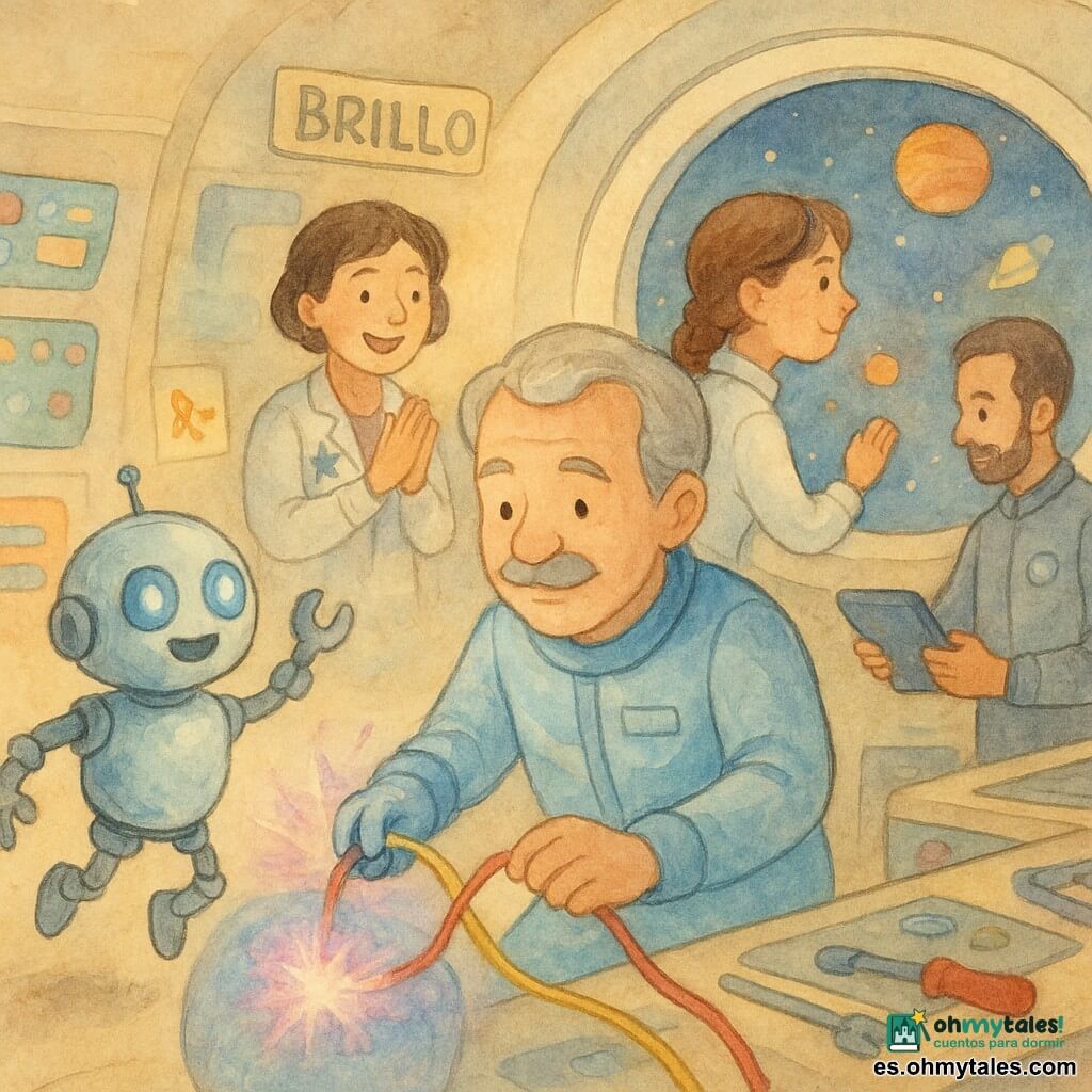 Un hombre de unos 60 años, pelo gris y bigote redondeado, rostro sereno, viste un pequeño traje espacial azul pálido y repara una pared de la lanzadera con un cable rojo y uno amarillo; a su lado salta Lilo, un niño robot pequeño y redondo de cuerpo metálico brillante y ojos-lámpara azules, que tiende una pequeña llave con alegría; la capitana Mar (unos 40 años) con chaqueta blanca y estrellas aplaude suavemente junto a una gran pantalla, la piloto Luz (unos 30 años) con trenzas mira por la ventana redonda sonriendo y con la mano en una palanca, y el ingeniero Paco (unos 35 años) con barba ligera y mono gris observa instrumentos y sostiene una tableta junto a la mesa de herramientas; el interior cálido de la lanzadera Brillo tiene paredes crema redondeadas, paneles de control coloridos, una gran ventana con planetas multicolores y estrellas, cajas de herramientas y pegatinas; la escena principal muestra la reparación de la burbuja protectora: el hombre conecta los cables y suaves chispas y una luz rosa-azulada reparan la burbuja mientras el grupo se reúne en una atmósfera segura y colaborativa.