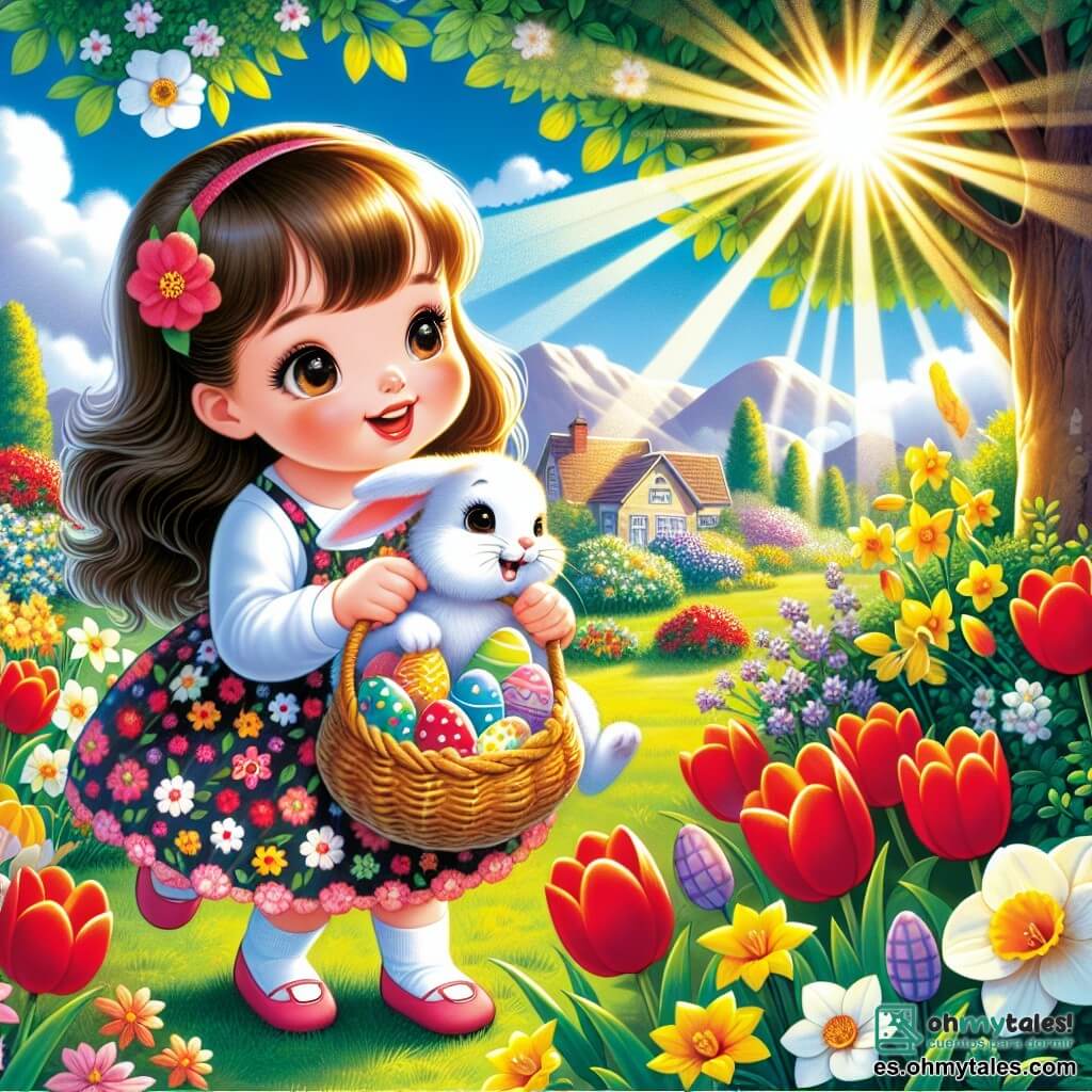 Una niña de 4 años, con largos cabellos castaños y ojos brillantes de alegría, está buscando huevos de Pascua en un jardín soleado. Lleva un bonito vestido colorido con motivos de flores y una pequeña cesta de mimbre en sus brazos, llena de huevos de colores. A su lado, un pequeño conejo blanco con orejas largas, con un aire curioso, la ayuda en su búsqueda. El jardín está lleno de flores brillantes, tulipanes rojos y narcisos amarillos, con un gran árbol verde al fondo. El cielo es azul y soleado, salpicado de algunas nubes blancas y esponjosas. La escena muestra a la niña y al conejo descubriendo un huevo de Pascua brillante escondido detrás de una flor, con destellos de luz que iluminan el huevo, creando una atmósfera mágica y alegre.
