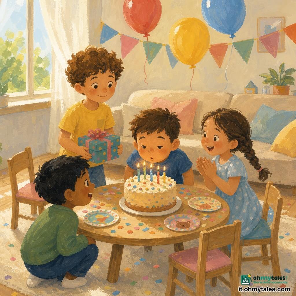 Ci sono quattro bambini: Luca, circa 7 anni, capelli castani corti, al centro vicino a un piccolo tavolo che soffia le candeline del dolce; Tommaso, circa 8 anni, capelli castano chiaro ricci, maglietta gialla, dietro a sinistra con una scatola regalo; Sofia, circa 6 anni, capelli lunghi intrecciati, vestito a pois azzurro, a destra che applaude; Marco, circa 7 anni, capelli neri corti, maglione verde, accovacciato davanti al tavolo che sorride. Ambientazione: soggiorno caldo e intimo con parquet chiaro, tappeto crema, divano beige e finestra in alto a sinistra da cui un raggio di sole illumina la zona del tavolo; decorazioni di festa con ghirlande, palloncini rossi, gialli e blu, coriandoli e piatti di carta. Situazione: festa di compleanno al sole con espressioni gioiose e gesti di celebrazione; stile grafico: gouache texturizzata, tratti morbidi e contorni leggermente sfumati, palette calda e pastello con ombre delicate.