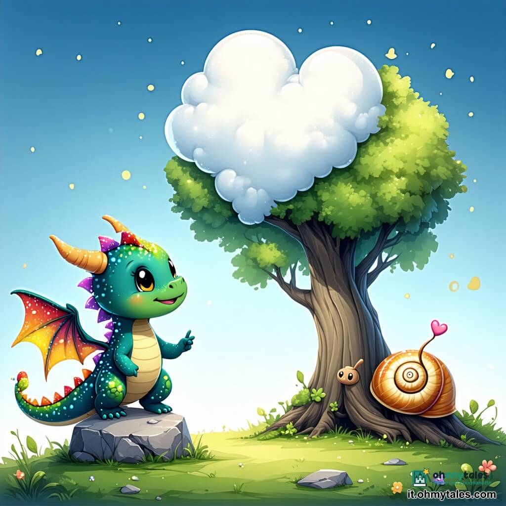 Lumo, un piccolo drago arcobaleno sorridente con ali come zucchero filato, indica il cielo verso una nuvola a forma di cuore al tramonto; Cora, una piccola lumaca con conchiglia a spirale pastello, è su una pietra a sinistra, curiosa; sullo sfondo a destra un albero saggio e accogliente; in primo piano una piccola pozza specchio riflette il cielo; la radura è coperta di erba morbida, fiori colorati e farfalle, raggi dorati filtrano tra i rami; atmosfera tenera, calma e piena di meraviglia, palette pastello.
