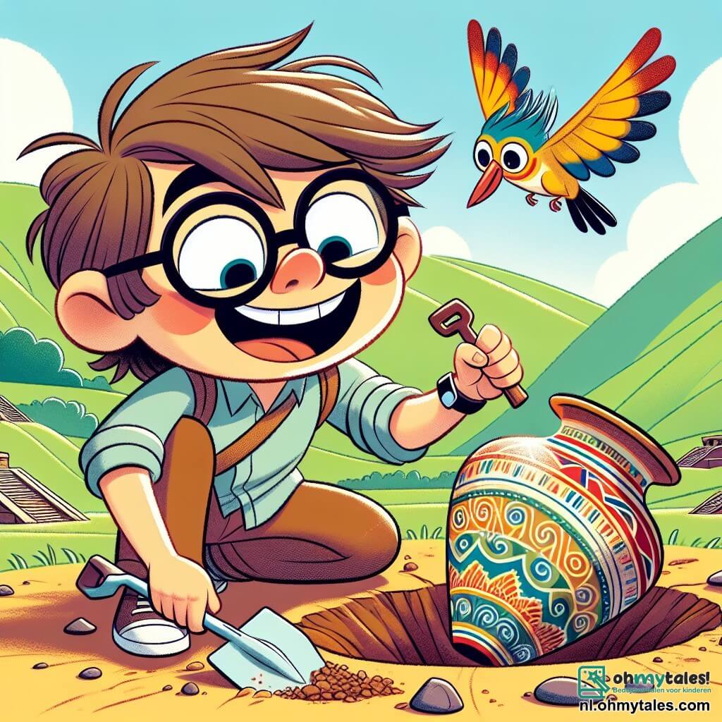 Max, een man van ongeveer dertig jaar met rommelig bruin haar en ronde bril, is de grond aan het doorzoeken met een kleine schep. Hij heeft een verwonderde glimlach op zijn gezicht, zijn ogen stralen nieuwsgierigheid uit terwijl hij een oude pot ontdekt versierd met kleurrijke motieven. Naast hem vliegt een klein, kleurrijk vogeltje, zijn trouwe vriend, vrolijk om hem heen en zingt vrolijke melodieën. Het vogeltje heeft gele en blauwe veren en lijkt opgewonden over Max' ontdekking. De scène speelt zich af op een zonnige archeologische site, omringd door groene heuvels en oude ruïnes. De grond is bezaaid met stenen en puin, en de lucht is doordrenkt met een sfeer van avontuur en mysterie. Max heeft een oude pot gevonden en bekijkt deze met verwondering, zich afvragend welke verhalen zij zou kunnen vertellen over de Inca-beschaving.