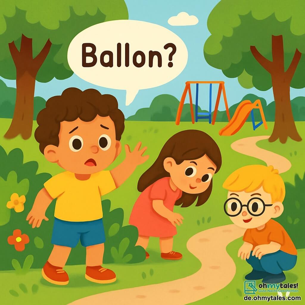 Ein 2-jähriger Junge, Max, mit lockigen Haaren und neugierigen Augen, sucht besorgt seinen roten Ball. Er trägt ein leuchtend gelbes T-Shirt und eine blaue Shorts. Neben ihm ist seine Freundin Mia, ein 3-jähriges Mädchen mit langen braunen Haaren, das ein rosa Kleid trägt und aufmerksam in die Büsche schaut. Ein weiterer Freund, Tom, ein 4-jähriger Junge mit Brille und blonden Haaren, hockt neben einem Weg und schaut auf den Boden. Der Park ist grün, mit majestätischen Bäumen, bunten Blumen und einem Kiesweg, der durch das Gras führt. In der Ferne sind eine Schaukel und eine Rutsche zu sehen. Max ruft besorgt nach seinem verschwundenen Ball, während seine Freunde ihm helfen, in den Büschen zu suchen, was eine abenteuerliche und freundschaftliche Atmosphäre schafft.