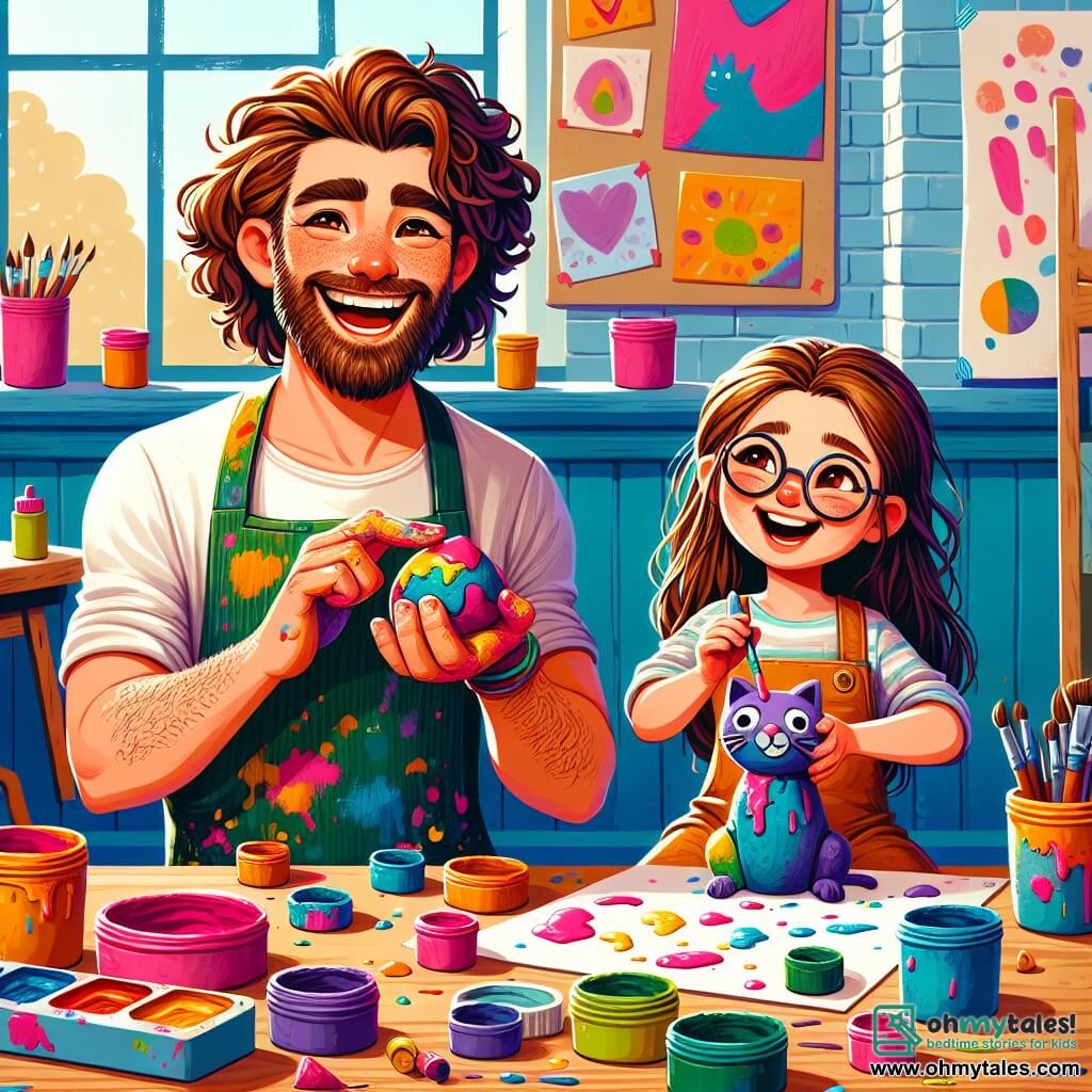 A joyful man, Mr. Leo, with curly hair and a neat beard, smiles broadly while holding a piece of colorful clay in his hands. He wears a paint-splattered apron, and his eyes sparkle with excitement. Next to him, a little girl, Mia, about 7 years old, with long brown hair and round glasses, gazes in wonder at a clay cat she just created. She sits on a chair, her hands covered in colors, and her face radiates happiness. The scene takes place in a bright art studio filled with large windows letting in sunlight. Colorful paint pots, brushes, and sheets of paper are scattered across a large wooden table. Colorful artworks decorate the walls, creating a creative and joyful atmosphere. Mr. Leo and Mia are having fun shaping clay animals, laughing together as they mix colors and bring their creations to life.