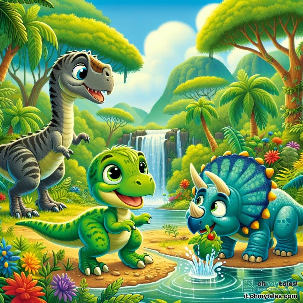 Un velociraptor di nome Rocco, con piume verdi brillanti e occhi pieni di curiosità, si trova gioiosamente ai bordi di una cascata scintillante, schizzando acqua con le sue zampe. Accanto a lui, la sua migliore amica Tina, un triceratopo con corna dorate e pelle grigia, sorride guardando Rocco mentre tiene un frutto colorato nella sua zampa. Leo, un brontosauro dal lungo collo blu, si china per bere acqua, i suoi grandi occhi pieni di meraviglia. Sullo sfondo si estende una giungla lussureggiante, con alberi giganti dalle foglie verdi brillanti, fiori dai colori vivaci e un cielo blu punteggiato di nuvole soffici. La scena cattura il momento felice in cui Rocco e i suoi amici si divertono a esplorare il loro nuovo ambiente, ridendo e giocando vicino alla cascata, circondati dalla bellezza della natura.