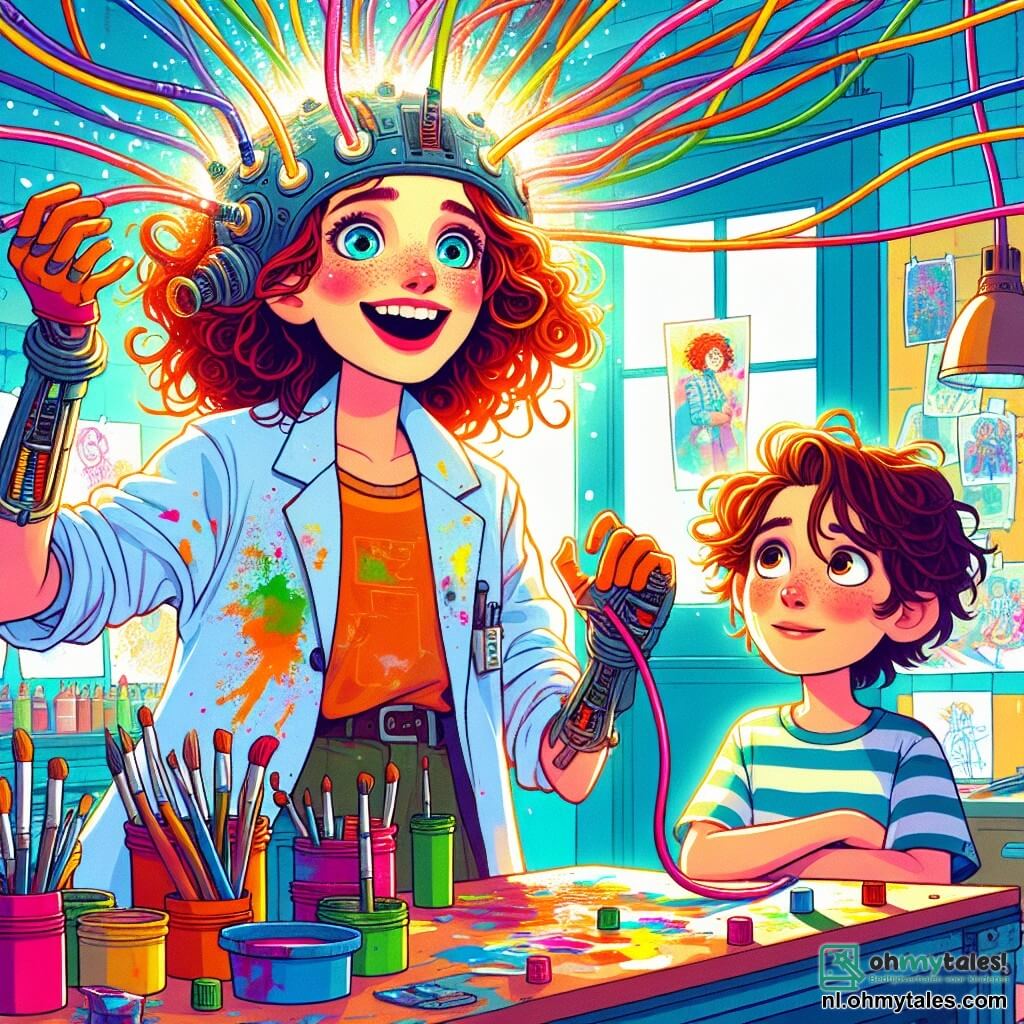 Tessa, een jonge vrouw met krullend, rood haar, draagt een laboratoriumjas vol verfspatten. Ze heeft sprankelende ogen en een brede glimlach terwijl ze een vreemde machine op haar hoofd plaatst, een soort futuristische helm met kleurrijke draden. Naast haar staat Sam, een 10-jarig jongetje met rommelig bruin haar, dat vol verwondering naar de machine kijkt. Hij draagt een gestreept t-shirt en heeft een nieuwsgierige uitdrukking op zijn gezicht, met zijn armen over elkaar, iets naar voren gebogen om beter te kunnen zien. De scène speelt zich af in een lichte, rommelige werkplaats, vol met heldere verfpotten, verspreide gereedschappen en schetsen aan de muren. Een groot raam laat zonlicht binnen, dat de felle kleuren van de werkplaats verlicht. Tessa, vol enthousiasme, activeert haar machine en een prachtige tekening van een rode appel verschijnt op een groot wit bord. De appel straalt, wat de aandacht van Sam trekt en een sfeer van magie en creativiteit creëert.