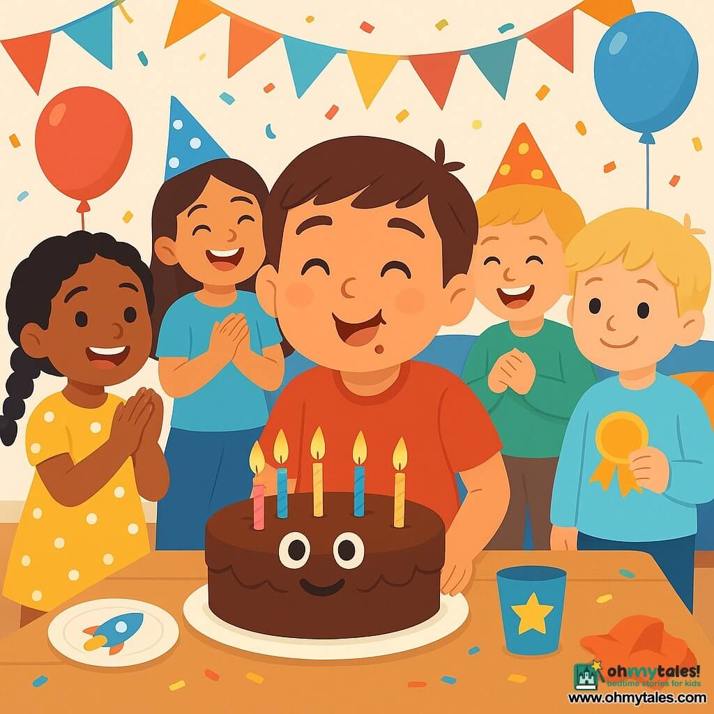An 8-year-old boy with a round face, short brown hair, sparkling eyes and chocolate smudges on his lips, joyful and amazed, blows out seven candles on a round chocolate cake with a big smile while holding a slightly tilted starry notebook in his left hand; Mina, about 8, with black braided hair and a yellow polka-dot dress, applauds enthusiastically to his left near the table; Theo, about 8, with blond locks and a shy smile, holds a paper medal to the boy’s right slightly back; twins Nora and Noam, about 8, wearing matching party hats, laugh and point at the cake from the background near the sofa; bright, colorful living room with rocket plates, star cups, multicolor garlands, floating balloons, a patterned sofa with cushions and crumpled wrapping paper on the floor; main focus close-up of the chocolate cake with candy eyes and a licorice smile, seven lit candles casting a warm glow, children singing and clapping, confetti in the air, centered composition, vivid contrast palette, simple shapes and clear, readable festive expressions