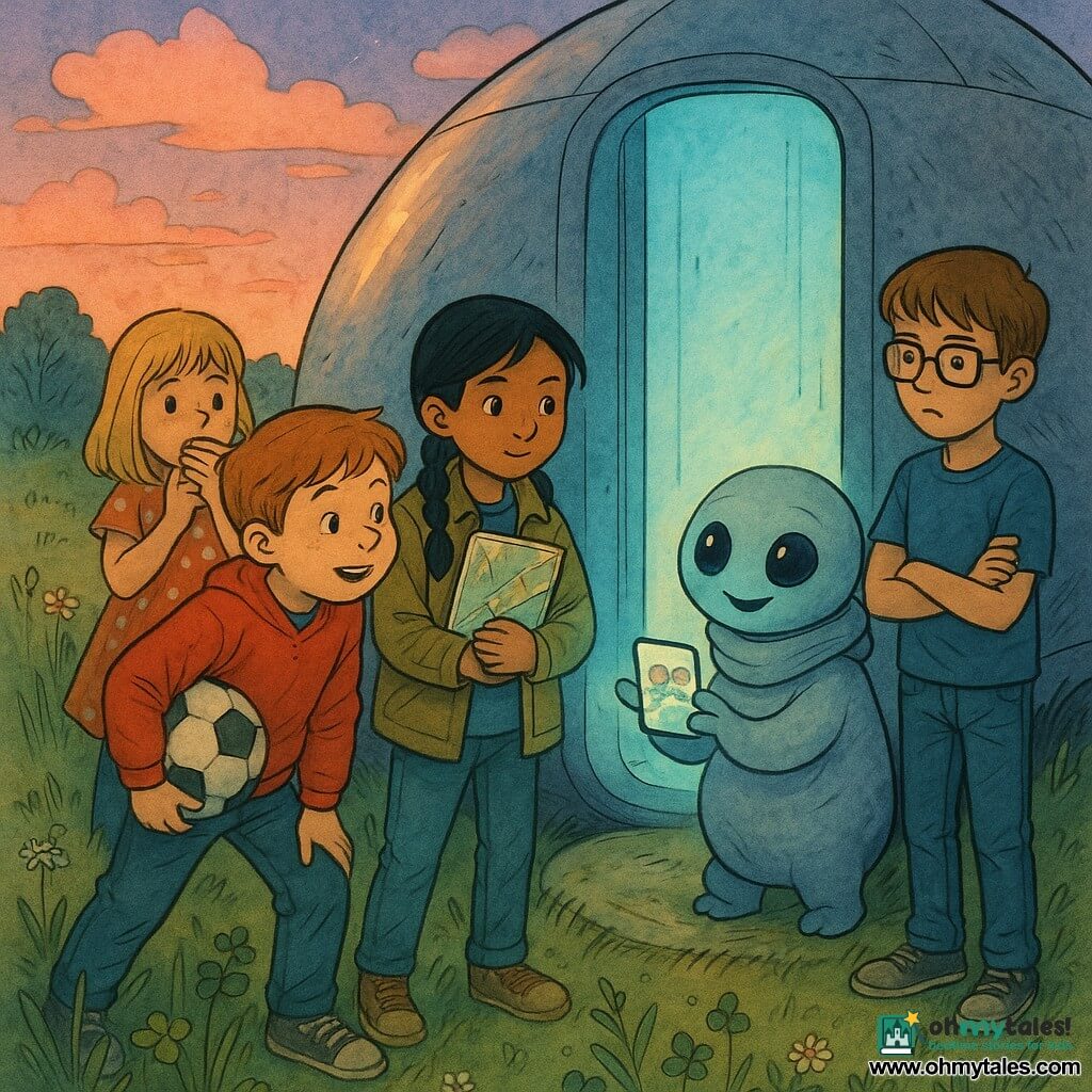 Five characters: four children—Milo, about 9, short light-brown hair, round face with freckles, wearing a red hoodie and holding a soccer ball under his arm, standing front left leaning toward a glowing door; Zara, about 9, olive skin, long black braid, wearing a khaki jacket and clutching a folded glittery card against her chest, center slightly forward looking at the door; Ben, about 10, brown bobbed hair, rectangular glasses, blue tee and jeans, arms crossed and cautious at the right edge of the group glancing toward the exit; Tilly, about 8, blonde with bangs, polka-dot dress, chewing an apple, standing behind Milo with hands clasped and a curious, slightly worried expression—and one small round alien with a soft, scarf-like folded body, round head with two large shiny black eyes and three padded fingers, standing just inside the ramp holding a small glowing screen showing the group and gently inviting them. Setting: a grassy field at dusk with tall green grass, clover and wildflowers, a circular depression holding a smooth silver oval craft whose vertical door emits soft blue-turquoise light onto the children; a dense hedge in the background and a pastel sky with pink clouds. Main situation: the children cautiously climb the ramp of the oval silver ship toward a warm blue-glowing doorway where the small friendly alien gestures with its screen; ink-and-wash style, fine line work, soft washes, strong contrast between the door’s blue light and the warm greens of the field.