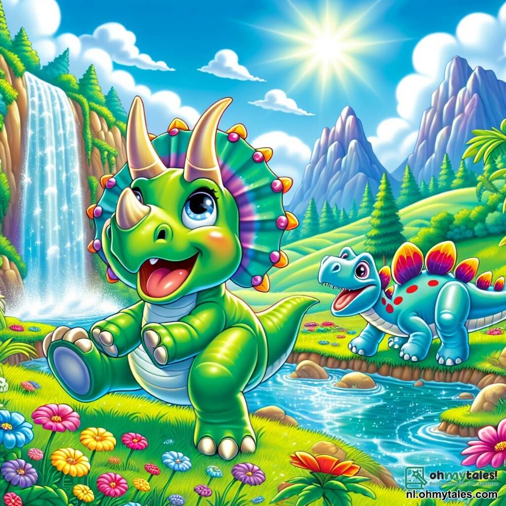 Een blije triceratops genaamd Trixie, met een stralende groene huid en drie grote kleurrijke hoorns, danst enthousiast aan de rand van een schitterende waterval. Haar ogen stralen van blijdschap en een grote glimlach verlicht haar gezicht. Naast haar staat een vriendelijke diplodocus genaamd Dino, met een lange nek en een lichtblauwe huid, die lachend toekijkt, zijn grote poten in het weelderige gras. Iets verderop komt een stegosaurus genaamd Sammy, met kleurrijke platen op zijn rug, huppelend dichterbij, nieuwsgierig naar wat er gebeurt. Op de achtergrond speelt de scène zich af in een groene vallei, omringd door majestueuze bergen, waar kleurrijke bloemen bloeien en de zon schijnt, wat een magische sfeer creëert. Trixie en haar vrienden zijn van plan om samen deze betoverende plek te verkennen, vol opwinding en vreugde.