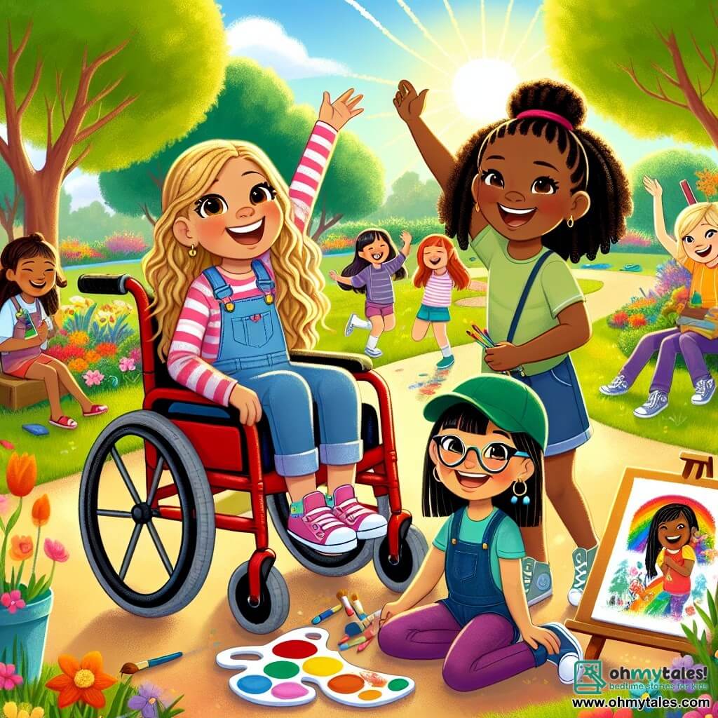 In a sunny park in Willow Creek, four friends stand together, radiating joy. Maya, a 10-year-old girl with long curly hair and caramel skin, sits in her red wheelchair, smiling with sparkling eyes. To her left, Zoe, a 9-year-old girl with blonde pigtails and fair skin, raises her arms in the air, full of energy. On the right, Mia, a 10-year-old girl with brown hair and glasses, holds a colorful paint palette, ready to create a masterpiece. Finally, Ava, a 9-year-old girl with black hair and dark skin, wears a green cap and shows off a drawing she made, proud of her work. The park is filled with colorful flowers, majestic trees, and a bright blue sky, creating a joyful and welcoming atmosphere. The main scene shows the four friends celebrating their "Friendship Day," surrounded by other children playing and laughing. They share stories about the importance of kindness and acceptance, while a bright rainbow appears in the sky, symbolizing unity and diversity.