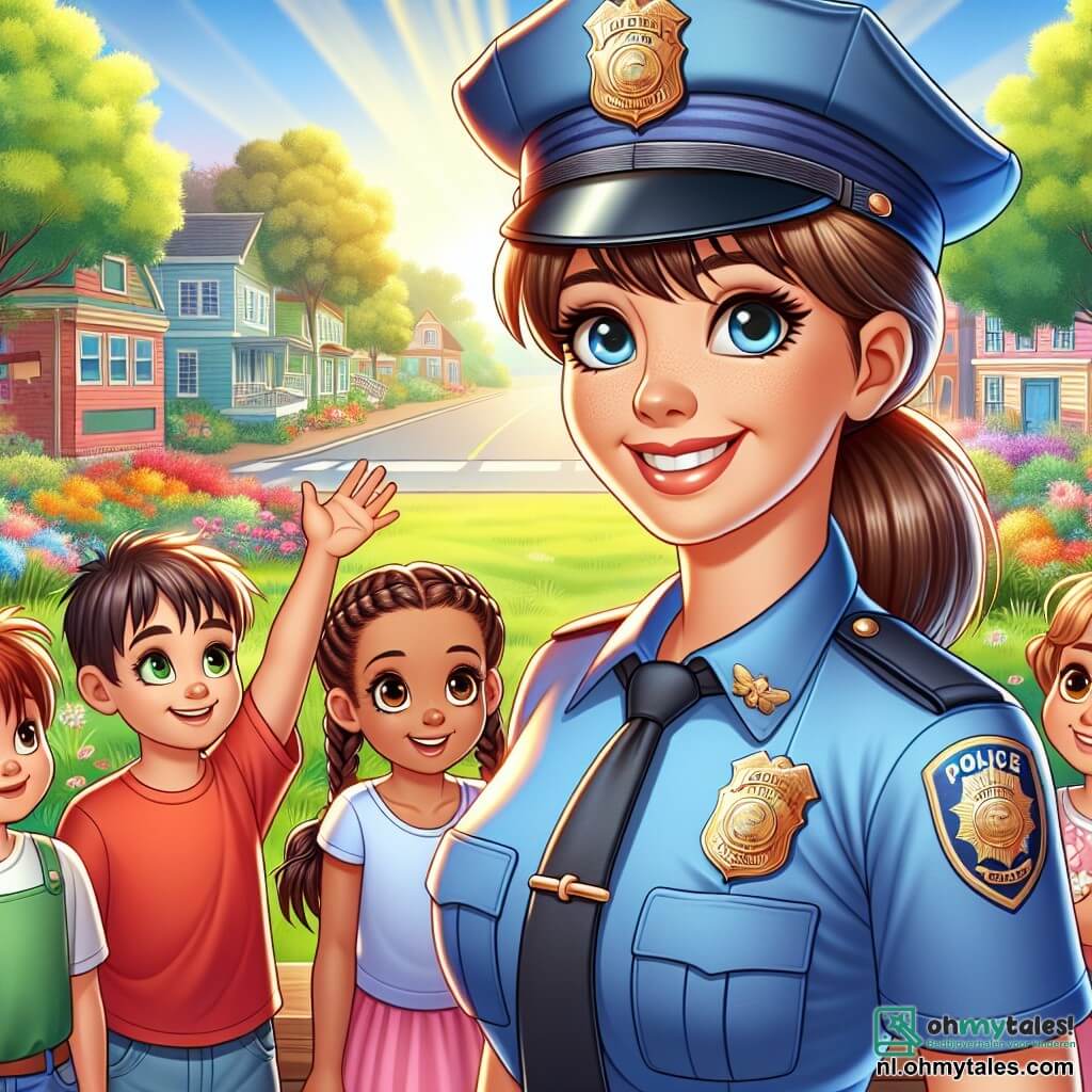 Een glimlachende vrouwelijke politieagent, met een mooie blauwe pet en een goed passend uniform, staat trots naast een groep kinderen. Ze heeft bruin haar in een paardenstaart en sprankelende ogen van vreugde. Ze toont een grote warme glimlach, vol trots en vriendelijkheid. Een 10-jarig jongetje, Tim, met rommelig rood haar en een rode t-shirt, steekt lachend zijn hand op, enthousiast om deel te nemen aan de activiteit. Naast hem kijkt een 9-jarig meisje, Lisa, met vlechten en een mooi bloesje, de politieagent bewonderend aan, met glinsterende ogen van verwondering. De scène speelt zich af in een zonnig park, vol groen, met majestueuze bomen en kleurrijke bloemen. Op de achtergrond is een groot bord te zien dat de buurt aankondigt, versierd met kindertekeningen. De politieagent legt de kinderen de belangrijkheid van verkeersveiligheid uit, terwijl ze aandachtig luisteren, geboeid door haar woorden. De kinderen staan om haar heen, enthousiast om te leren en deel te nemen aan deze leuke les.