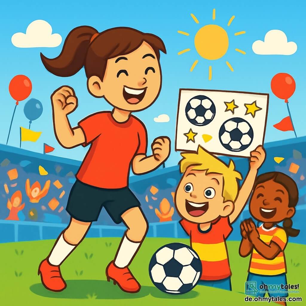 Eine junge Frau, Anna, steht auf einem grünen Fußballfeld, lächelnd und voller Freude, mit braunen Haaren zu einem Pferdeschwanz gebunden. Sie trägt ein leuchtend rotes Fußballtrikot und schwarze Shorts, ihre Augen funkeln vor Aufregung, während sie ein Tor feiert. Neben ihr hält ein etwa 8-jähriger Junge mit blonden Haaren und strahlenden Augen ein selbstgemachtes Schild mit Zeichnungen von Fußbällen und Sternen und schreit vor Glück. Ein weiteres Kind, ein 7-jähriges Mädchen mit Zöpfen und einem strahlenden Lächeln, trägt ein T-Shirt in den Farben der Mannschaft und applaudiert begeistert hinter dem Jungen. Das Feld ist von Tribünen umgeben, die mit fröhlichen Fans gefüllt sind, farbige Fahnen wehen im Wind und Luftballons in allen Farben sind zu sehen. Der Himmel ist blau mit einigen flauschigen weißen Wolken, und die Sonne scheint hell und erleuchtet die Szene. Die Hauptsituation zeigt Anna, die ein Tor feiert, umgeben von ihren jungen Fans, die sie mit Freudenrufen anfeuern, was eine festliche und energiegeladene Atmosphäre schafft.