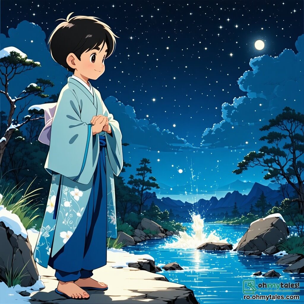 Haruto, un băiat de 12 ani, are părul negru și ochi strălucitori de curiozitate. Poartă un kimono tradițional albastru deschis, decorat cu modele florale, și stă în picioare pe marginea unei râuri strălucitoare, cu privirea uimită, pregătit să-l întâlnească pe spiritul Yoshinobu. Yoshinobu, un bărbat în vârstă cu părul alb ca zăpada și ochi strălucitori, plutește ușor deasupra solului, înconjurat de o lumină aurie blândă. Zâmbește călduros lui Haruto, cu brațele deschise ca pentru a-l primi într-o lume magică. Decorul este o pădure japoneză luxuriantă, cu cireși înfloriți și petale roz care cad ușor, creând un covor colorat pe sol. Râul curge liniștit, reflectând cerul albastru și norii pufoși. Situația principală îl arată pe Haruto, uimit, făcând un pas înainte spre Yoshinobu, în timp ce licuricii dansează în jurul lor, adăugând o notă de magie atmosferei încântătoare a scenei.