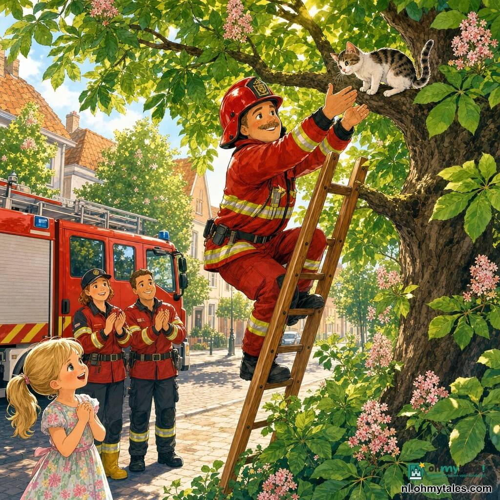 Een glimlachende brandweerman (Bram) met rond warm gezicht, lichte snor, glanzende rode helm en rode jas met reflecterende strepen klimt op een lange gelakte houten ladder om een klein wit gestreept katje (Pluisje) van een tak te pakken. Onderaan, links, staat een 7-jarig meisje met blonde gevlochten staart en pastelbloemenjurk, handen tegen haar borst en stralende ogen. Twee collega’s, Sanne (vrouw, ±30, pet en gele laarzen) en Mo (man, ±35, in uniform), staan bij de rode brandweerwagen op de geplaveide Rozenstraat en klappen zachtjes. Op de achtergrond pastelkleurige huizen en een grote paardenkastanje met groene bladeren en roze bloemen; de scène is zonnig, vrolijk en geruststellend.