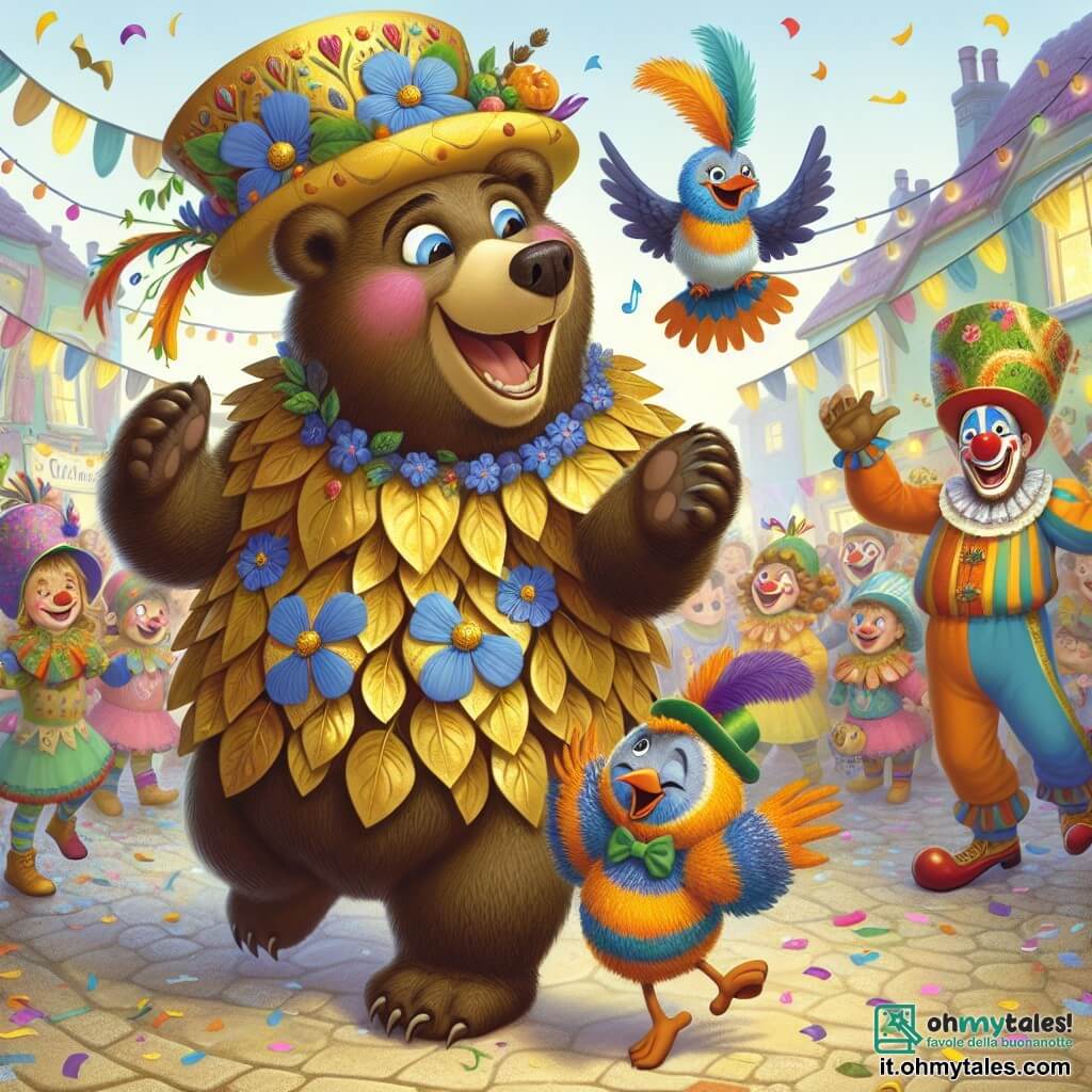 Un grande orso bruno, gioioso e sorridente, indossa un costume colorato fatto di foglie dorate e fiori blu, con un grande cappello decorato da piume rosse. Danza con entusiasmo in mezzo a una festa di carnevale, con gli occhi scintillanti di felicità. Accanto a lui, un uccellino colorato con piume vivaci, con un'espressione incoraggiante, vola attorno all'orso, cantando gioiosamente e spronandolo a divertirsi di più. Un gruppo di clown, con volti dipinti e costumi sgargianti, si diverte sullo sfondo, facendo smorfie e giocolando con palloni. Il luogo è una strada animata del villaggio, decorata con ghirlande colorate, lanterne scintillanti e coriandoli che fluttuano nell'aria, mentre i bambini ridono e applaudono attorno agli artisti. La situazione principale mostra l'orso che, dopo aver recuperato il suo cappello rubato, danza con entusiasmo in mezzo alla festa, circondato dai suoi amici animali, celebrando la magia del carnevale e l'amicizia.