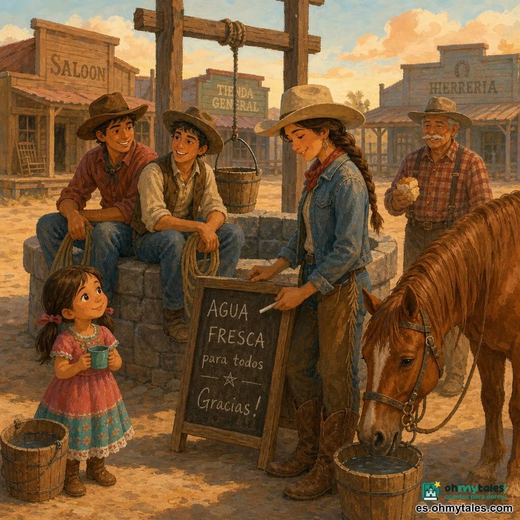 Una vaquera sonriente y serena, trenza castaña, sombrero ancho beige, chaqueta vaquera algo polvorienta y botas de cuero gastadas, escribe a mano en un cartel de madera junto al pozo; a su lado está Nube, un caballo alazán de pelaje brillante y crines alborotadas, oliendo un cubo de agua; al fondo a la derecha, Don Mateo, hombre de unos 60 años con rostro arrugado, bigote gris y camisa de cuadros, sonríe sosteniendo un trozo de pan; delante del pozo a la izquierda, una niña de unos 8 años con coletas y vestido colorido sostiene una tacita, asombrada; dos jóvenes (unos 18 y 16 años) con cuerdas, sentados en el borde del pozo, conversan y miran a la vaquera; escena en la plaza central de un pueblo western polvoriento con casas de madera de colores desvaídos, pozo de piedra y cubo de madera, carteles colgando, banderines y macetas en los porches, luz cálida de tarde, ambiente acogedor y manchas de gouache con texturas de pincel.