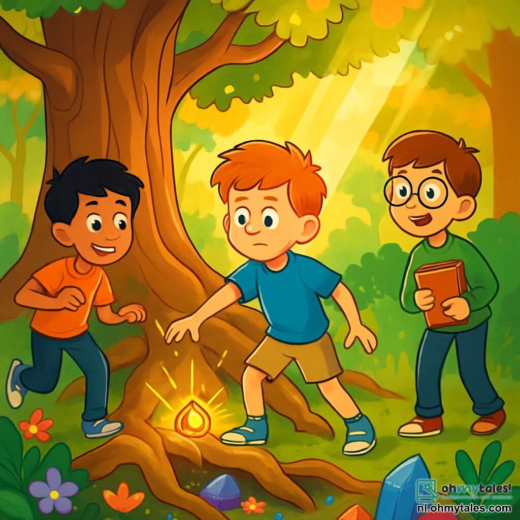 Er zijn 3 personages: - Lucas: een 10-jarig jongen met felrood haar, in een blauwe t-shirt en beige shorts. Hij staat in het midden en kijkt vastberaden naar de grote eik. - Amir: een 11-jarig jongen, behendig en glimlachend, met zwart haar en sprankelende ogen. Hij staat iets naar links, klaar om te springen met een glinstering van opwinding in zijn ogen. - Tijn: een 10-jarig jongen met ronde bril en kastanjebruin haar, die een boek onder zijn arm houdt. Hij staat rechts en kijkt nieuwsgierig en verwonderd naar de scène. De locatie is de Fluisterende Vallei, een magische vallei verlicht door gouden licht, omringd door grote bomen met knoestige stammen en glanzende bladeren. In het midden staat een enorme eik met kronkelige wortels majestueus, terwijl kleurrijke bloemen en fonkelende kristallen de groene grond bedekken. De belangrijkste situatie toont de drie jongens die de magische amulet ontdekken die onder de wortels van de eik schittert. Lucas steekt, met een vastberaden blik, zijn hand uit naar de amulet, terwijl Amir en Tijn opgewonden en verwonderd naar elkaar kijken. De scène is gevuld met magie en avontuur, met stralen licht die door de bladeren filteren en een betoverende sfeer creëren.