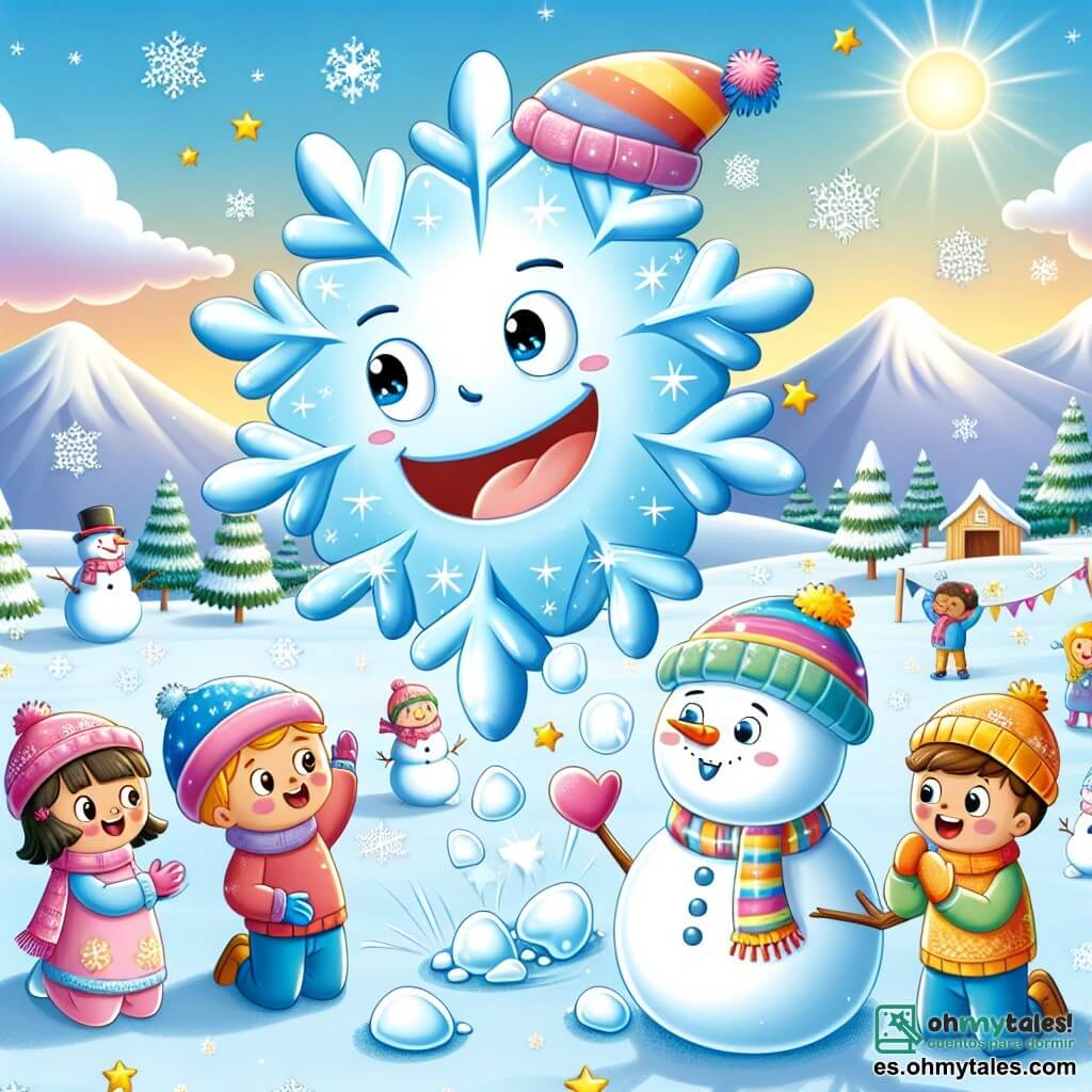 Un bonito copo de nieve llamado Nieve, dulce y brillante, flota en el aire con una gran sonrisa, creando formas de nieve en el suelo. Junto a él, un pequeño muñeco de nieve llamado Frío, con un sombrero y bufanda colorida y ojos de botones, aplaude con entusiasmo, su rostro radiante de alegría. El escenario es un paisaje invernal encantador, con árboles cubiertos de nieve brillante, un cielo azul claro y niños jugando alegremente al fondo, construyendo muñecos de nieve y lanzando bolas de nieve. La escena principal muestra a Nieve creando un gran corazón en la nieve, rodeado de estrellas y copos de nieve, mientras los niños se acercan, maravillados por su belleza invernal.