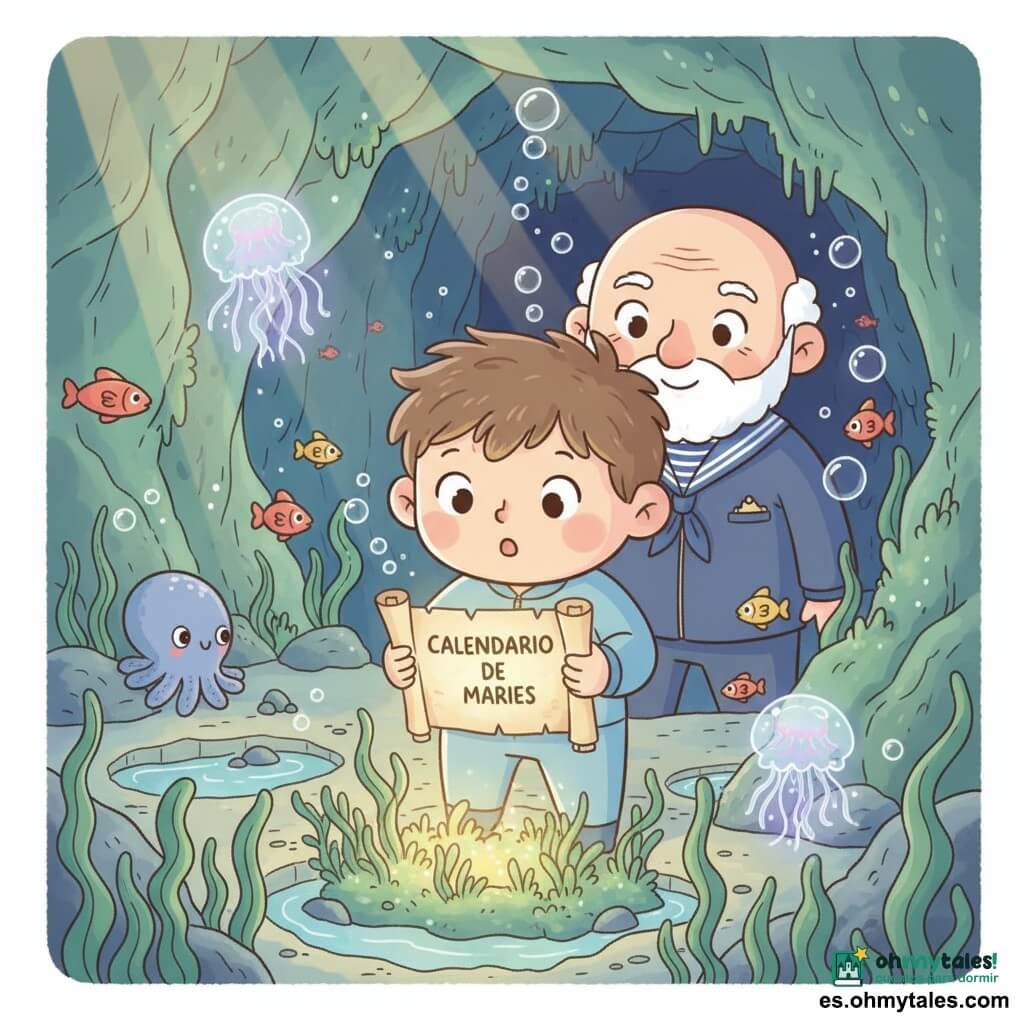 Niño de 10 años, rostro redondo y pelo castaño despeinado, expresión maravillada, con traje de buceo azul claro sosteniendo delicadamente un viejo pergamino brillante; abuelo de unos 65 años, barba blanca corta y ojos risueños, con chaqueta de marinero sobre un traje oscuro, detrás en la entrada de la cueva mirando orgulloso; peces pequeños rojos, amarillos y turquesa nadan alrededor y una pulpo tímido se esconde entre las rocas a la izquierda; lugar: cueva submarina con paredes lisas cubiertas de algas verdes, pozas poco profundas y rayos de sol dorados filtrándose; ambiente: medusas bioluminiscentes azul‑violáceo iluminan suavemente, burbujas suben, tonos pastel y contrastes suaves; situación: el niño descubre un fragmento brillante del calendario de las mareas sobre un lecho de algas, momento mágico y tierno, composición centrada en los dos personajes y el pergamino.