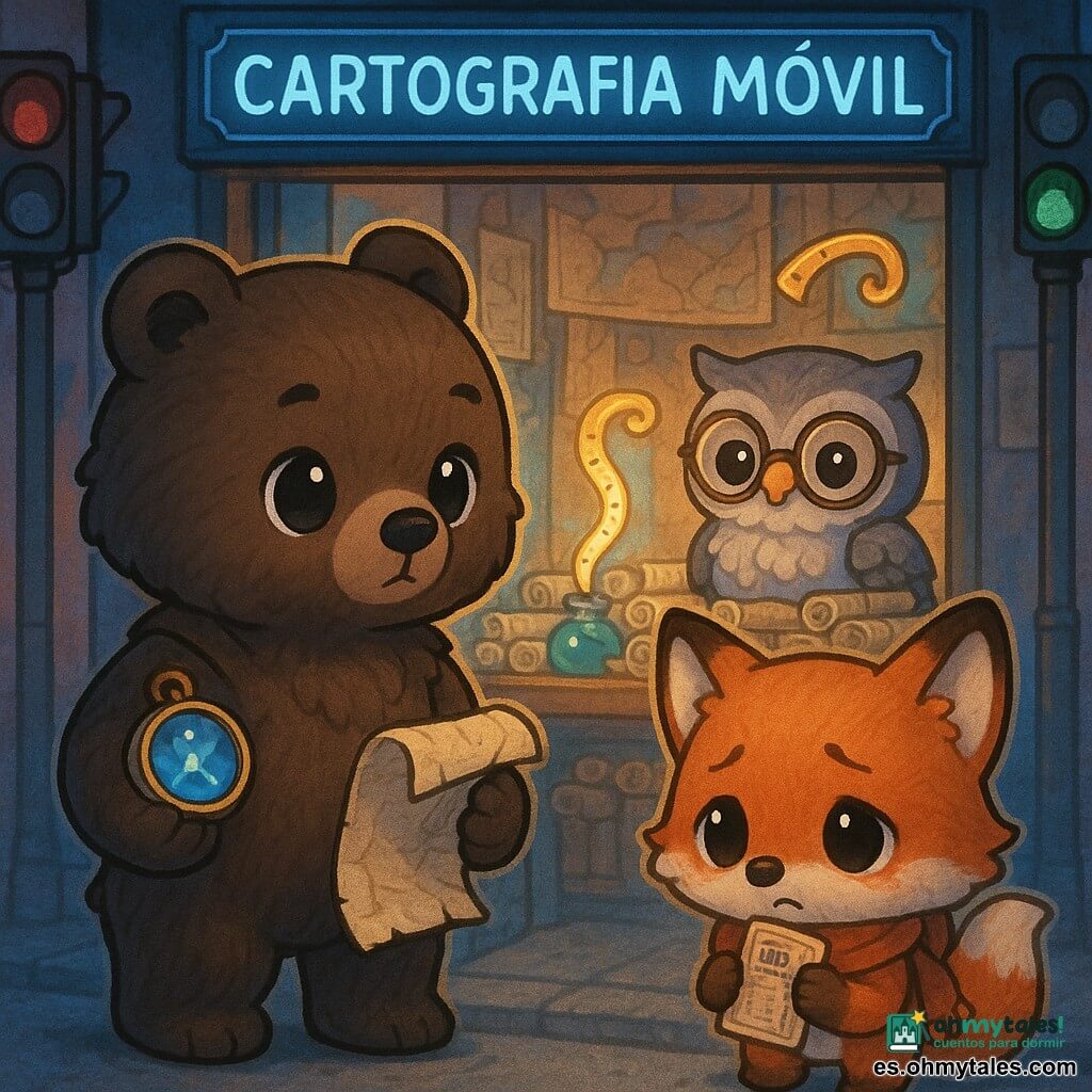Gran oso marrón antropomórfico estilo chibi, pelaje oscuro y suave, ojos grandes y expresivos, postura calmada y decidida, sostiene una brújula brillante sin aguja en una pata y un rollo de mapa parcialmente desenrollado en la otra, delante de la puerta de "Cartografía Móvil"; pequeña lechuza gris con gafas redondas y lazo en la pata, posada en un taburete detrás de una mesa llena de rollos de mapas, mirada sagaz y benevolente, ajusta una regla viviente; joven zorro rojizo estilo chibi con bufanda naranja y roja, expresión aliviada y tímida, junto al oso sujetando un billete de metro arrugado; taller de cartografía mágica entre semáforos urbanos, interior amplio con paredes cubiertas de mapas, mesas de madera con compases brillantes, frascos de tinta giratoria y luz dorada cálida mezclada con neones azules desde la calle; escena tierna y heroica donde el oso guía al zorro hacia la salida del mundo extraño frente al taller, composición centrada en los personajes, texturas de papel arrugado, reflejos de tinta y paleta cálida con contrastes neón.