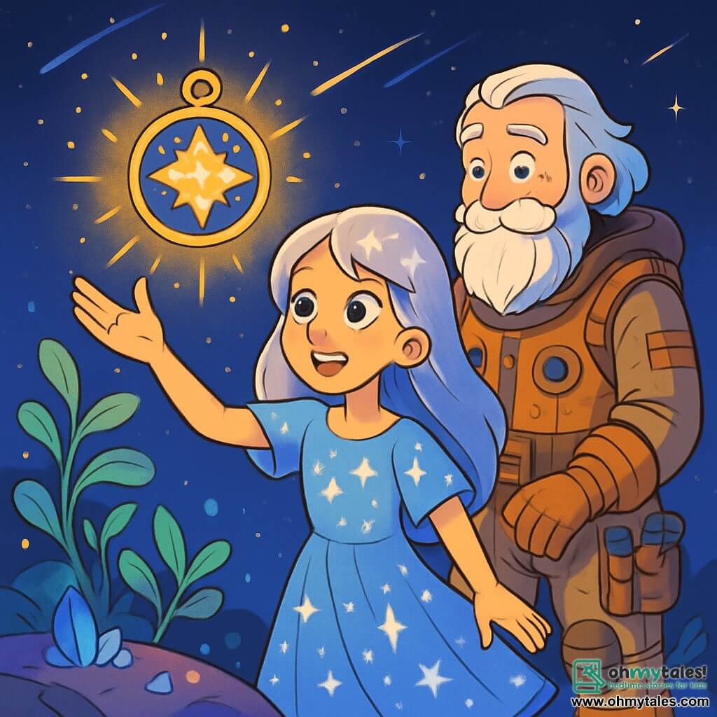 Elara, a young woman with shimmering silver hair, stands in awe before a magnificent celestial amulet. Her eyes shine with excitement and determination, and she wears a light dress adorned with star patterns that float around her. Beside her, Captain Orion, an older man with a long silver beard and sparkling wise eyes, observes the amulet with an admiring smile. He is dressed in a worn spacesuit filled with pockets and tools, standing slightly back, ready to support Elara. The setting is a bright asteroid, with phosphorescent plants gently swaying in a cosmic breeze. The ground is dotted with sparkling crystals reflecting the light of surrounding stars, creating a magical atmosphere. The main scene shows Elara reaching out towards the amulet, surrounded by a shimmering aura of light, while shooting stars cross the sky in the background, adding a touch of mystery and adventure.