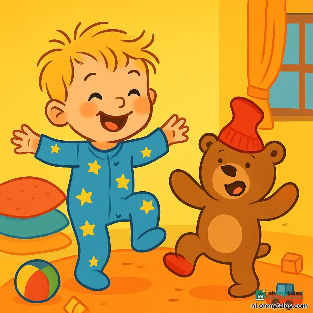 Een 2-jarig jongetje met rommelig blond haar en sprankelende ogen danst vrolijk in zijn kamer. Hij draagt een blauwe pyjama met sterren en een grote glimlach, die zijn vreugde en plezier toont. Naast hem staat zijn knuffel, een beer genaamd Bo, met een komische uitdrukking en een rode sok op zijn hoofd, die het jongetje imiteert terwijl hij onhandig danst. De kamer is gevuld met levendige kleuren, met gele muren en speelgoed verspreid over de vloer, wat een speelse en warme sfeer creëert. Zachte kussens zijn opgestapeld in een hoek, en een zachte, gedimde verlichting verlicht de scène, wat een magische touch toevoegt. De hoofdscène toont het jongetje en zijn beer die een grappige dans doen, omringd door lachen en geluk, terwijl ze plezier hebben voordat ze naar bed gaan.