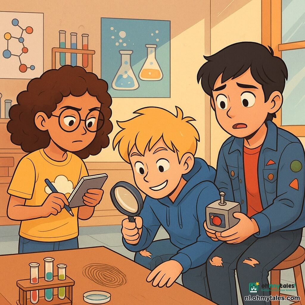 Er zijn 3 personages: - Noor: een 12-jarig meisje met bruin, krullend haar, een bril met ronde glazen en een gele t-shirt met een wolkafbeelding. Ze staat rechtop, met een klein notitieboekje in de ene hand en een pen in de andere, met een geconcentreerde blik. - Sam: een 12-jarige jongen met blond, messy haar en een ondeugende glimlach. Hij draagt een blauwe hoodie en een gescheurde spijkerbroek. Hij zit naast Noor op de grond en onderzoekt een vingerafdruk op de tafel met een vergrootglas. - Raj: een 12-jarige jongen met zwart, steil haar, die een oude spijkerjack met kleurrijke patches draagt. Hij zit op een kruk, ziet er bezorgd uit en houdt de mini-Luchtwaker in zijn handen. De setting is een natuurkundelokaal, waar houten tafels vol staan met wetenschappelijk materiaal. Gekleurde proefbuizen staan op planken en posters van moleculen en experimenten hangen aan de muren. Het zonlicht valt door een raam en verlicht het stof in de lucht. De hoofdsetting toont Noor en Sam die het verdwijnen van hun wetenschappelijk project, de mini-Luchtwaker, onderzoeken. Ze bekijken de tafel aandachtig op zoek naar aanwijzingen, terwijl Raj, zichtbaar nerveus, uitlegt waarom hij het apparaat heeft genomen. De sfeer is gespannen maar vol nieuwsgierigheid, met mysterieuze elementen om hen heen.