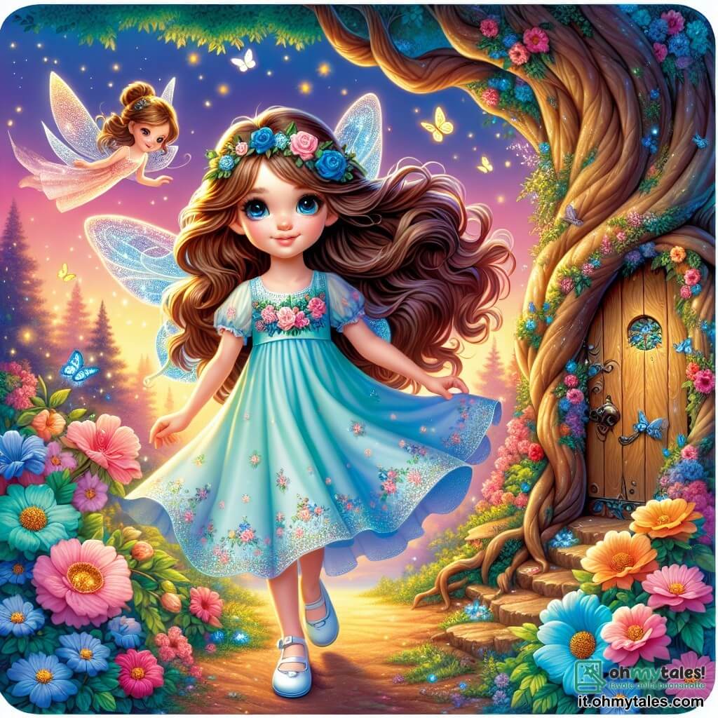 Una giovane ragazza di nome Lilia, di circa 10 anni, con lunghi capelli ondulati color castagna, indossa un leggero vestito di cotone azzurro decorato con fiori. Il suo viso irradia curiosità e meraviglia, e i suoi grandi occhi brillanti riflettono la magia del mondo che la circonda. Si trova davanti a una piccola porta di legno ornata di rose blu, pronta a entrare in un mondo incantato. Accanto a lei, una delicata fatina di circa 8 anni, con ali scintillanti e capelli a ragnatela, sorride calorosamente. Fluttua leggermente sopra il suolo, circondata da piccole lucciole dorate che danzano attorno a lei. Lo scenario è un giardino fiabesco, con alberi immensi dai tronchi contorti, fiori vivaci e un cielo sfumato di rosa e arancione, illuminato da un sole dorato. Farfalle multicolori volano intorno, aggiungendo all'atmosfera magica. La scena principale mostra Lilia, meravigliata, pronta ad aprire la porta misteriosa che conduce a un regno incantato, mentre la fatina la incoraggia con un sorriso complice, creando un'atmosfera di avventura e scoperta.