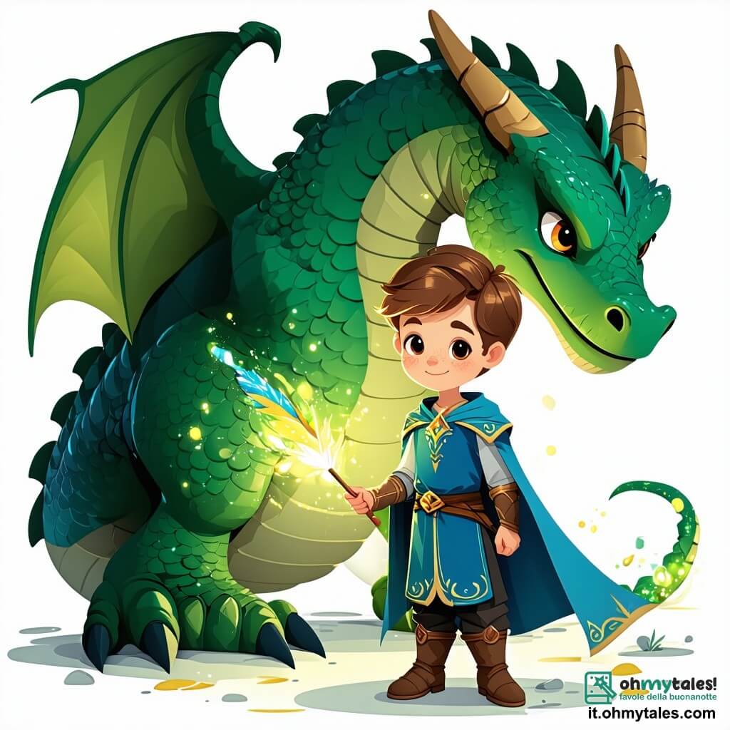 Al centro dell'immagine, un giovane principe di nome Arlo, un ragazzo di circa 12 anni, si erge coraggiosamente davanti a un immenso drago verde con squame brillanti. Arlo ha capelli castani e occhi pieni di determinazione, indossa una tunica blu decorata con motivi dorati e pantaloni di pelle. Brandisce una piuma magica nella mano destra, il suo viso esprime sia coraggio che compassione. Accanto a lui, un drago di nome Zargon, grande e maestoso, con occhi fiammeggianti e ali spiegate, guarda Arlo con curiosità e un barlume di cambiamento nel suo sguardo. Sullo sfondo, una fata luminosa, piccola e delicata, fluttua nell'aria, le sue ali scintillanti illuminano la scena mentre sorride benevolmente. Il paesaggio è un vasto deserto dorato, punteggiato di dune ondulate sotto un cielo blu splendente. In lontananza, oasi verdi aggiungono tocchi di colore, mentre un grande cristallo blu scintilla nella sabbia, emettendo una luce magica. La situazione principale mostra Arlo, determinato ad affrontare Zargon, il drago, offrendogli una possibilità di cambiamento e di ritrovare la luce del sole, simboleggiando speranza e redenzione.