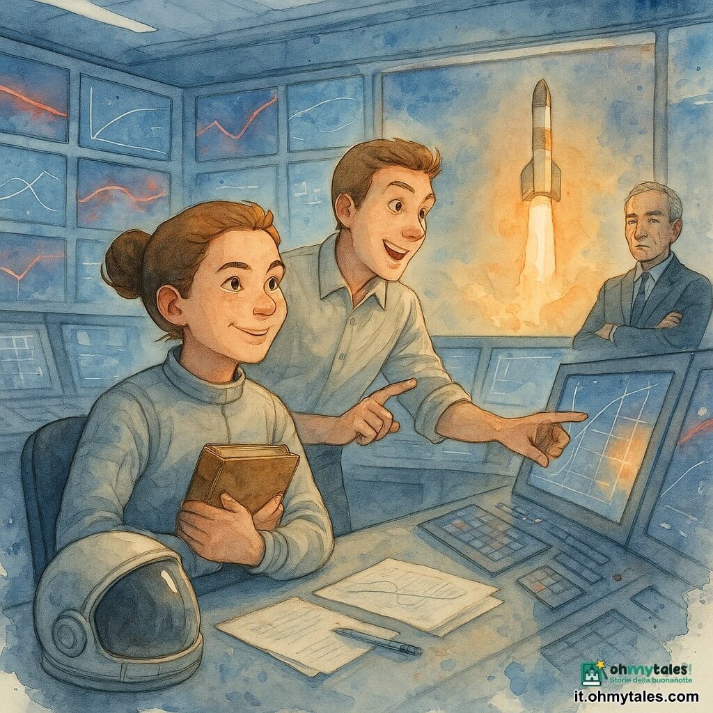 Un'astronauta, Valentina, concentrata e radiosa, viso rotondo con lentiggini, capelli castani raccolti in uno chignon, indossa una tuta grigia leggera con il casco sul tavolo, tiene un taccuino di calcoli dalla copertina usurata e guarda un grande schermo sorridendo determinata; Luca, circa 30 anni, collega e amico, capelli corti castani, entusiasta, indica un grafico luminoso sulla console tattile; Mario, capo missione di circa 50 anni, volto sereno e rughe marcate, abbigliamento scuro, osserva la sala con le braccia incrociate vicino a un grande pannello di controllo; la sala di controllo è spaziosa e futuristica con schermi rettangolari che mostrano traiettorie rosse e curve blu, luci LED fredde e una grande vetrata che mostra il razzo che decolla in luce dorata; riflessi e lieve fumo della rampa resi con schizzi ad acquerello; momento del lancio: tutti guardano lo schermo principale mentre il razzo lascia una scia luminosa, tensione e gioia, gesti rapidi sulle console, carte e penne sul tavolo; stile acquerello morbido, palette di blu e grigi con tocchi di arancio caldo, tratti fini, dettagli netti sui volti e texture della carta visibile.