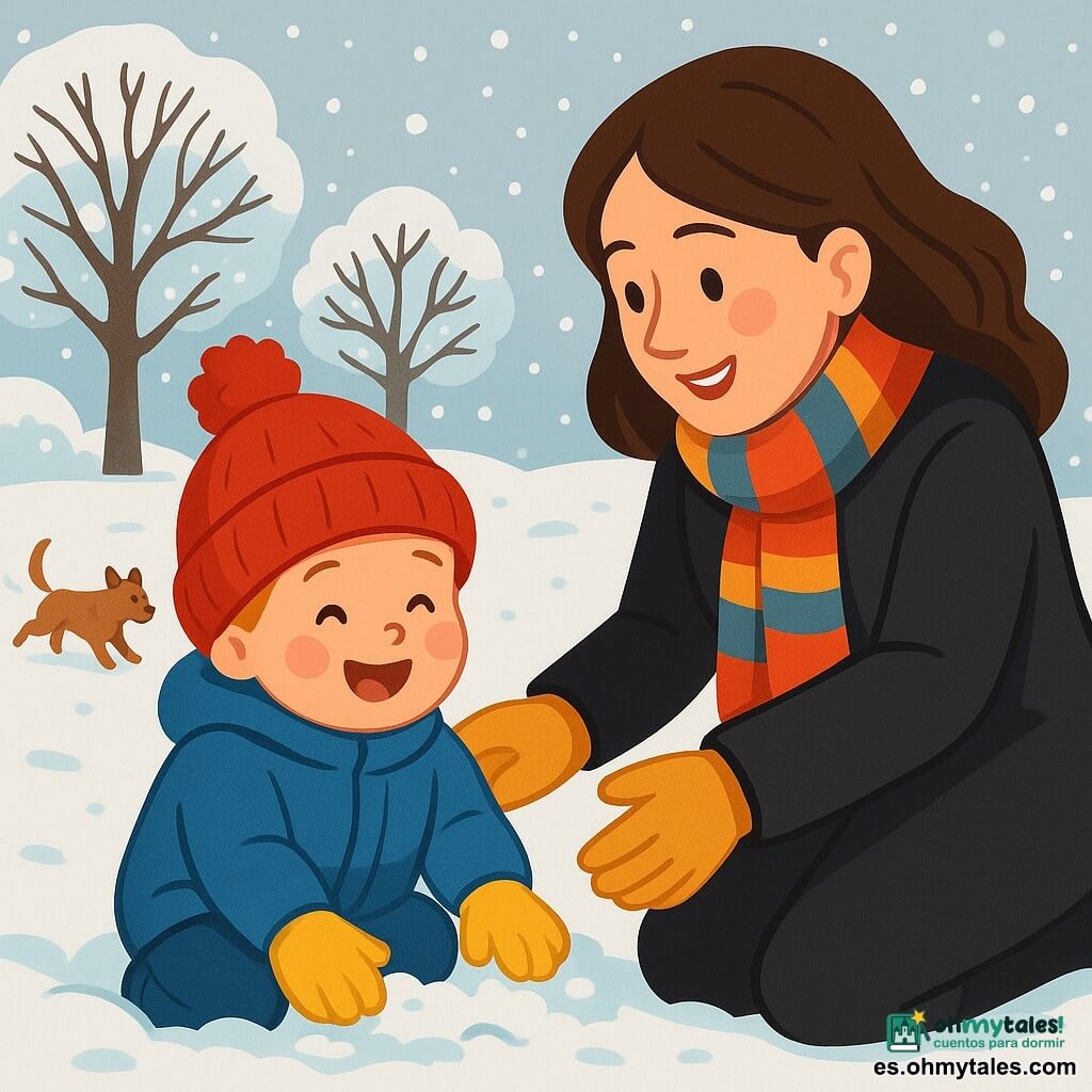 Un niño pequeño de 2 años, con mejillas rosadas y ojos brillantes, está sentado en la nieve, riendo con asombro. Lleva un abrigo azul grande, un gorro rojo con un pompón y guantes amarillos que parecen demasiado grandes para sus pequeñas manos. A su lado, su madre, una mujer de unos treinta años, sonriente y cálida, lo observa mientras lo protege del frío, vestida con un abrigo negro largo y una bufanda colorida. El escenario es un parque invernal, con árboles desnudos cubiertos de nieve brillante, un cielo gris suave y copos de nieve que caen lentamente. En la distancia, se ve un perro de pelaje marrón, corriendo alegremente en la nieve. La situación principal muestra al niño tocando la nieve, con los ojos brillantes de curiosidad y alegría, mientras su madre sopla suavemente en sus manos para calentarlas.