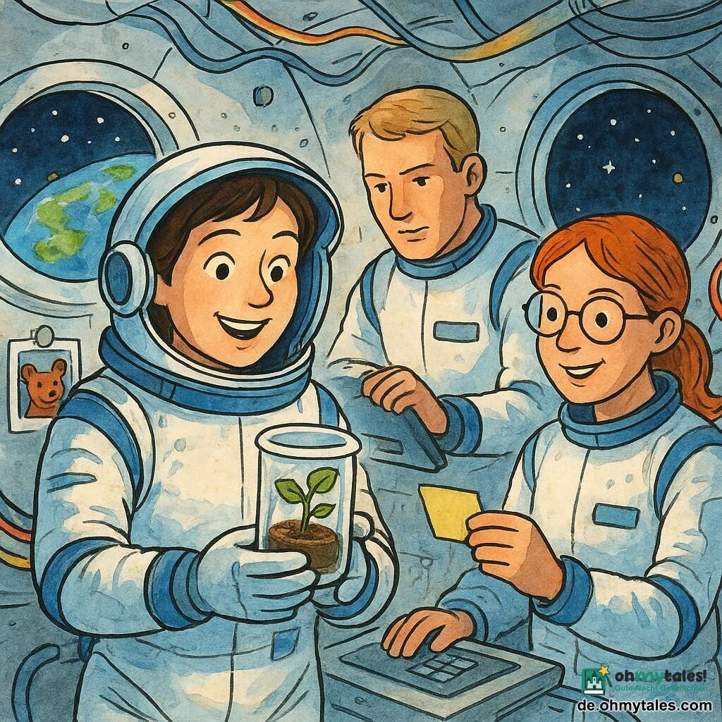 Eine lächelnde, staunende Astronautin in weißem Raumanzug mit blauen Akzenten und metallischem Schimmer, kurzes braunes Haar unter halb geöffnetem Helm, hält behutsam einen kleinen durchsichtigen Topf mit einer zarten grünen Pflanze; ein etwa 35-jähriger männlicher Kollege mit kurzen blonden Haaren steht leicht hinten rechts und justiert ein Bedientablet, eine etwa 32-jährige Kollegin mit runden Brillen und roten Haaren lacht leise und reicht links eine selbstklebende Etikette; der Hund Lupo fehlt physisch, seine kleine Magnetfoto ist an einem Panel befestigt; helle Innenraumkulisse einer Raumstation mit gebogenen Metallwänden, bunten Kabeln, runden Bullaugen mit Blick auf die blaue Erde und Sterne, schwebende Kleinteile — kooperative, wissenschaftliche und warme Atmosphäre.
