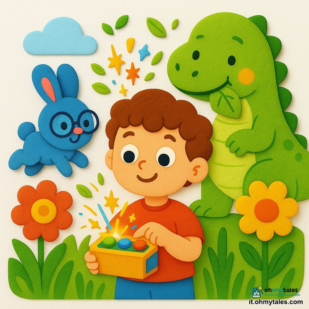 Un bambino di 4 anni, Leo, viso rotondo, capelli ricci castani, occhi grandi e curiosi, sorriso stupito, tiene una piccola scatola colorata con pulsanti luminosi verdi, blu e rossi; a sinistra un coniglio blu con occhiali rotondi e pelo vellutato lo guarda saltellando; dietro a destra un dinosauro verde, grande ma dalle forme arrotondate, mangia una foglia e sorride con aria amichevole; lo scenario è una prateria molto verde con erbe alte a fasce, fiori giganti rossi e gialli e cielo azzurro con nuvole soffici; Leo preme un pulsante e scintille colorate e foglie fluttuanti creano un'atmosfera di viaggio nel tempo; stile visivo: adesivi/gommette spessi, contorni netti, texture in schiuma EVA visibili, colori vivaci e contrastati, illuminazione calda e soffusa.