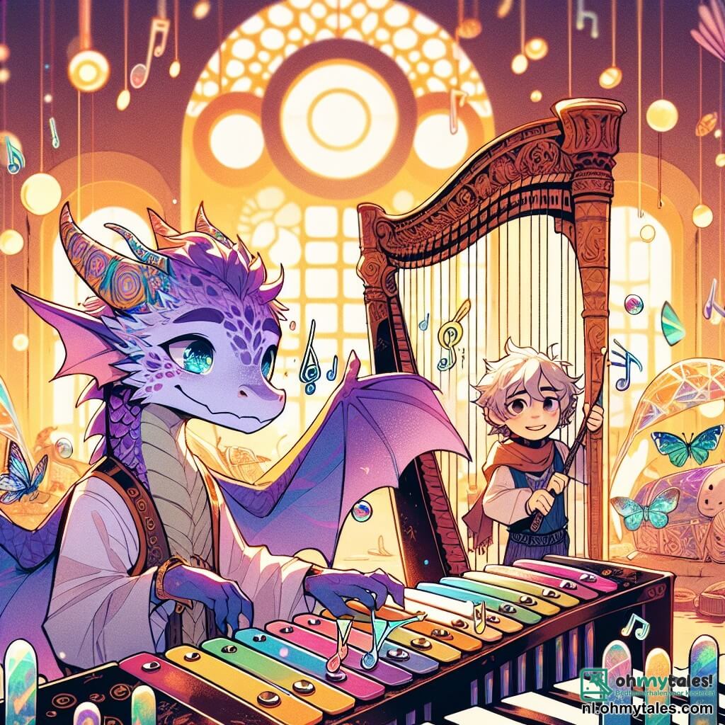 Lian, een jonge draak met glinsterende paarse schubben, staat in het midden van het podium, zijn ogen stralend van opwinding en zenuwen. Hij speelt met passie op zijn glasharp, een instrument van glas met golvende vormen, terwijl kleurrijke muzieknoten uit zijn handen ontsnappen. Aan zijn rechterkant observeert Bram, een jongen met grijze vlinder vleugels, vol bewondering. Zijn gezicht is verlicht door een verlegen glimlach en hij houdt een kristallen xylofoon vast, klaar om te spelen. De scène speelt zich af in een lichte muziekzaal, vol ronde ramen die het gouden zonlicht binnenlaten. Diverse instrumenten liggen verspreid, wat een vrolijke en creatieve sfeer creëert. Lian en Bram werken samen om een harmonieuze melodie te creëren, hun klanken vermengen zich in een kleurrijke muzikale dans, wat de eenheid van hun verschillen symboliseert.
