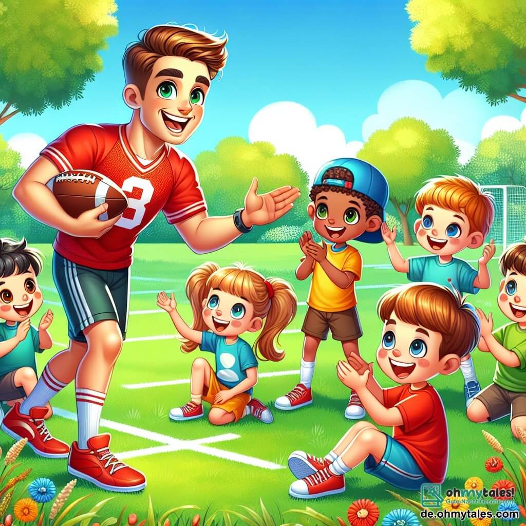 Max, ein großer und athletischer Mann mit braunen Haaren und funkelnden Augen, trägt ein rotes Fußballtrikot und Sportschuhe. Er lächelt fröhlich, während er den Fußball unter dem Arm hält, umgeben von Kindern, die ihm aufmerksam zuhören. Ein 8-jähriger Junge mit einer blauen Mütze und einem strahlenden Lächeln steht neben Max und hebt begeistert die Arme in die Luft, bereit zu spielen. Ein 7-jähriges Mädchen mit Zöpfen und einem gelben T-Shirt sitzt auf dem Gras, lacht und klatscht, während ein 9-jähriger Junge mit einer roten Shorts den Ball direkt vor ihnen dribbelt. Die Szene spielt in einem grünen Park mit strahlend blauem Himmel, üppigen Bäumen im Hintergrund und einem gut gepflegten Rasenfußballfeld. Bunte Blumen säumen den Weg und verleihen der Umgebung eine fröhliche Note. Die Hauptsituation zeigt Max und die Kinder, die zusammen auf dem Fußballfeld Spaß haben, während Max begeistert die Spielregeln erklärt und die Kinder ihm bewundernd zuhören, bereit zu spielen und zu lernen.