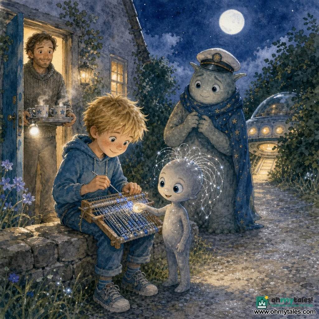 An 8-year-old boy, Tommy, freckled with tousled blond hair, a focused smile and amazed eyes, sits on a low stone wall holding a small loom, stringing blue and silver beads with precise fingers; a tiny alien named Pip, smooth stone-colored body, big round eyes and a halo of silver threads, stands beside him, joyfully touching a row of beads that glow on contact; Captain Luma, a larger creature with a captain's hat and a starry scarf, stands slightly back near a small ship tucked in the hedge, watching with a benevolent, slightly worried expression; Tommy's father, a warm 35–40-year-old, holds a flashlight and a tray of steaming cups on the threshold of a cottage with a blue door, softly backlighting the scene; a moonlit country lane of silver gravel and green hedges with dewy grass and a luminous saucer partly hidden in the leaves to the right frames the main moment: Tommy and Pip making a friendship bracelet under a soft round moon, beads changing color on contact, warm cottage light behind, calm, magical, reassuring atmosphere in a soft watercolor palette of midnight blues, moss greens and sparkling silver highlights.