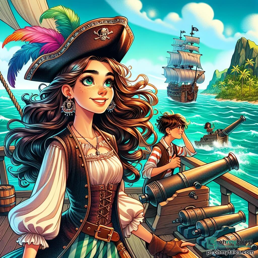 Uma jovem pirata, Valentina, se destaca orgulhosamente no convés de seu navio, o Coração do Oceano. Ela tem longos cabelos ondulados, brilhantes como as ondas ao sol, e usa um chapéu de pirata enfeitado com penas coloridas. Seu rosto expressa determinação e empolgação, com um grande sorriso que ilumina seus olhos brilhantes. Ao seu lado, Tomás, um garoto de cerca de 12 anos, é o navegador. Ele tem cabelos castanhos bagunçados e usa uma camisa listrada, observando o horizonte com um telescópio, com uma expressão concentrada e curiosa. Lúcia, uma menina destemida de 11 anos, está perto dos canhões, pronta para defender o navio. Ela tem cabelos curtos e usa um colete de couro, exibindo uma expressão de bravura. O navio navega em um mar turquesa, sob um céu azul pontilhado de nuvens brancas e fofas. Ao fundo, uma ilha misteriosa aparece, coberta de palmeiras verdes e rochas íngremes. A cena principal mostra Valentina e sua tripulação em plena aventura, prontos para enfrentar uma tempestade que se aproxima, com ondas se elevando ao redor deles, criando uma atmosfera de tensão e empolgação.