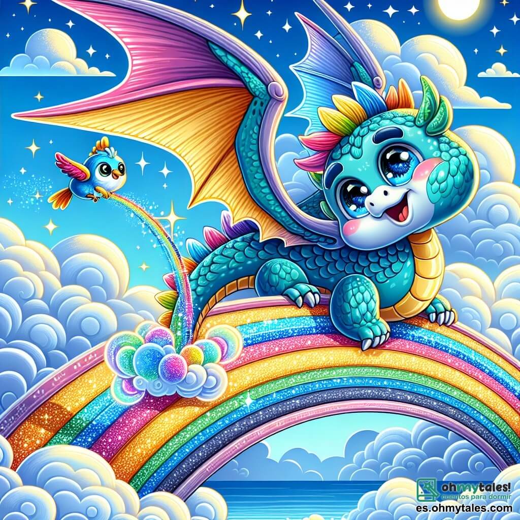 Un dragón con escamas brillantes de colores arcoíris, grandes ojos chispeantes de curiosidad y una amplia sonrisa, se encuentra al borde de un puente de nubes esponjosas, listo para lanzarse al aire. Cerca, un pequeño pájaro azul con plumas brillantes y ojos redondos lo mira con admiración, con las alas ligeramente desplegadas, como si estuviera listo para animarlo. El lugar es un hermoso cielo azul salpicado de nubes algodonosas, donde el sol brilla intensamente, iluminando el puente de nubes que brilla como un arcoíris. La situación principal muestra al dragón despegando, utilizando una cometa colorida atada a su cola para deslizarse con gracia por el puente, desafiando los vientos que intentan empujarlo.